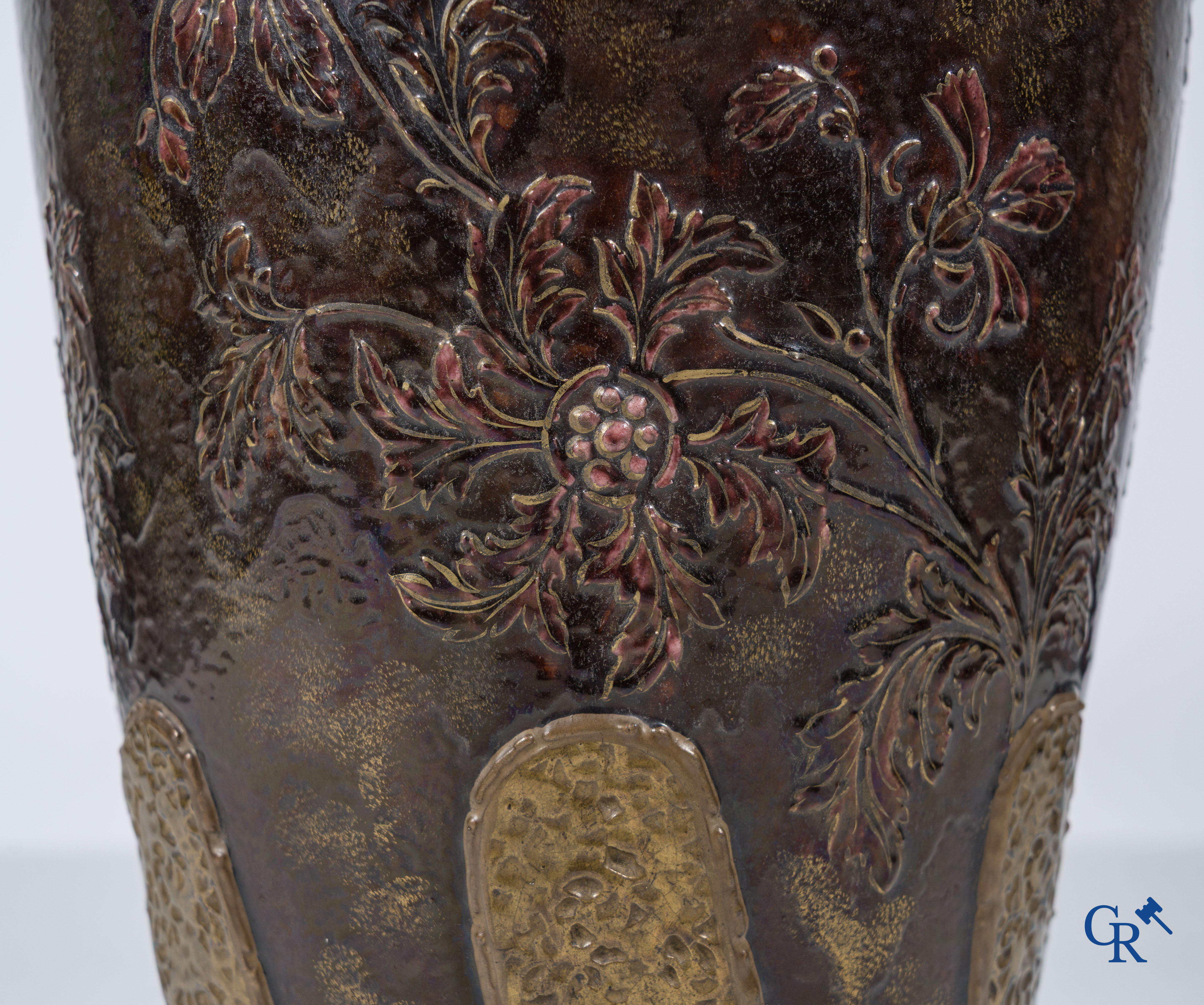 An imposing vase in French faience with bronze frames in Japonizing style mounted as a lamp. Circa 1890.