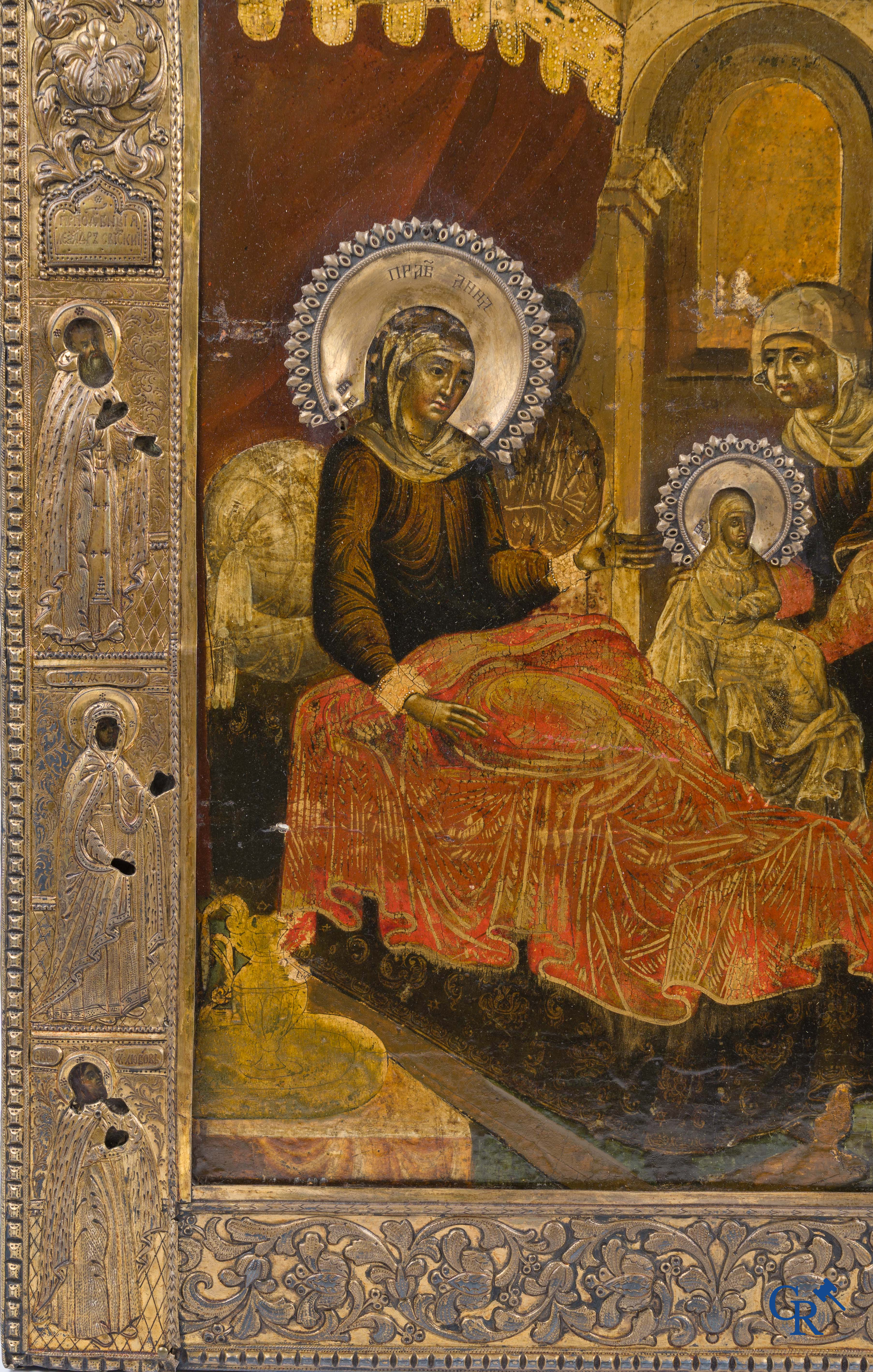 Russian work. The birth of Jesus. Important Russian icon with silver oklad. Silver grade 84 and dated 1883.