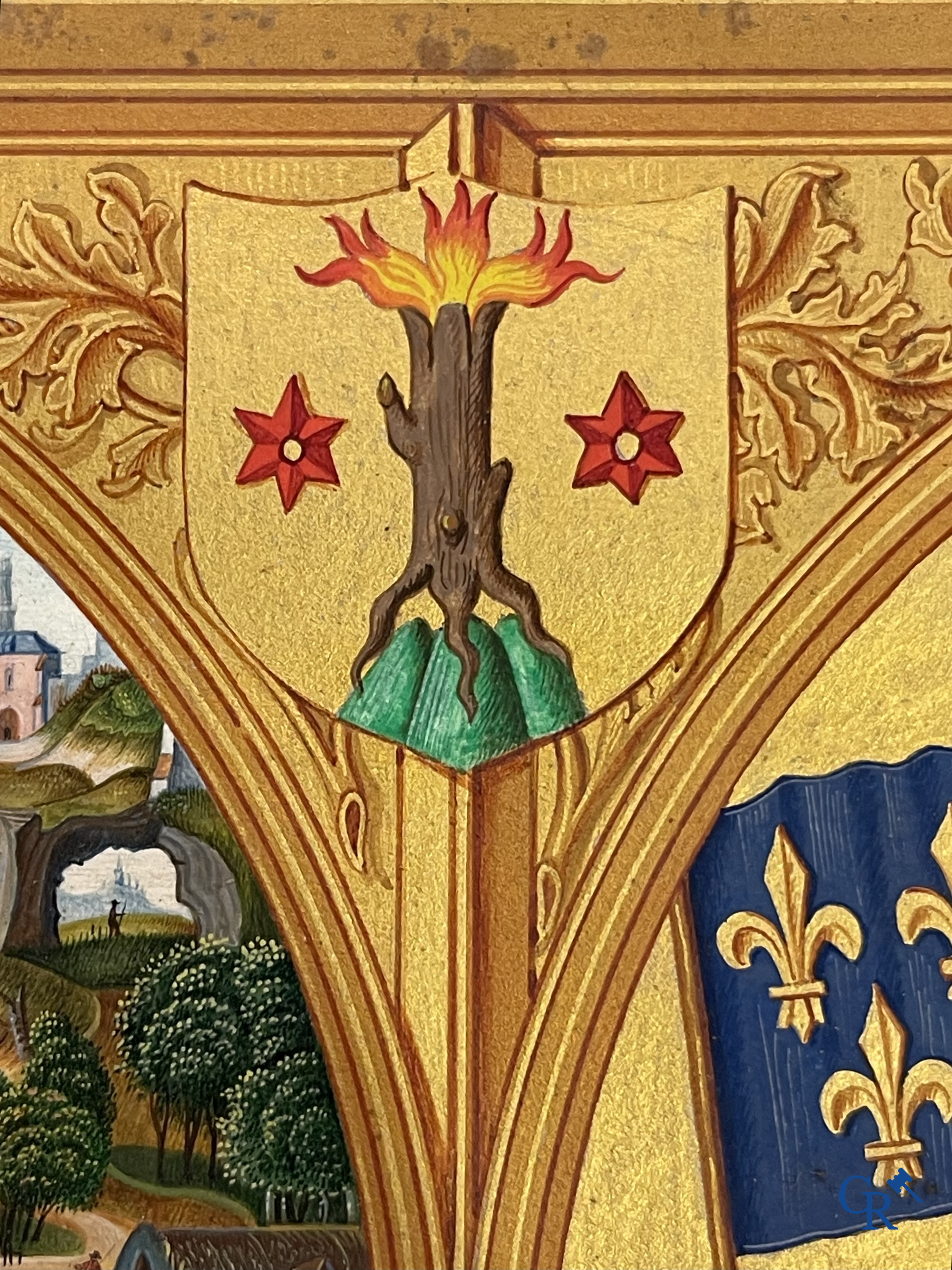 Uitzonderlijk miniatuurschilderij, Madonna en kind met de engelen. In de stijl van de Vlaamse Primitieven. 19e eeuw.