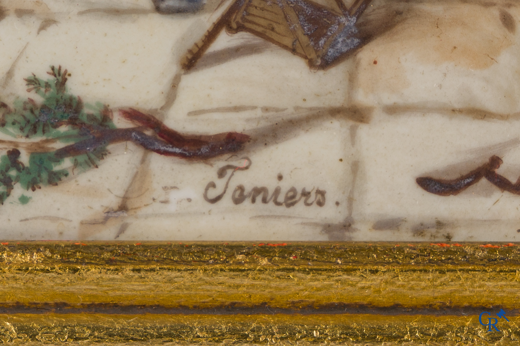 Teniers (after). A few paintings on porcelain with typical rural village scenes. Signed Teniers.