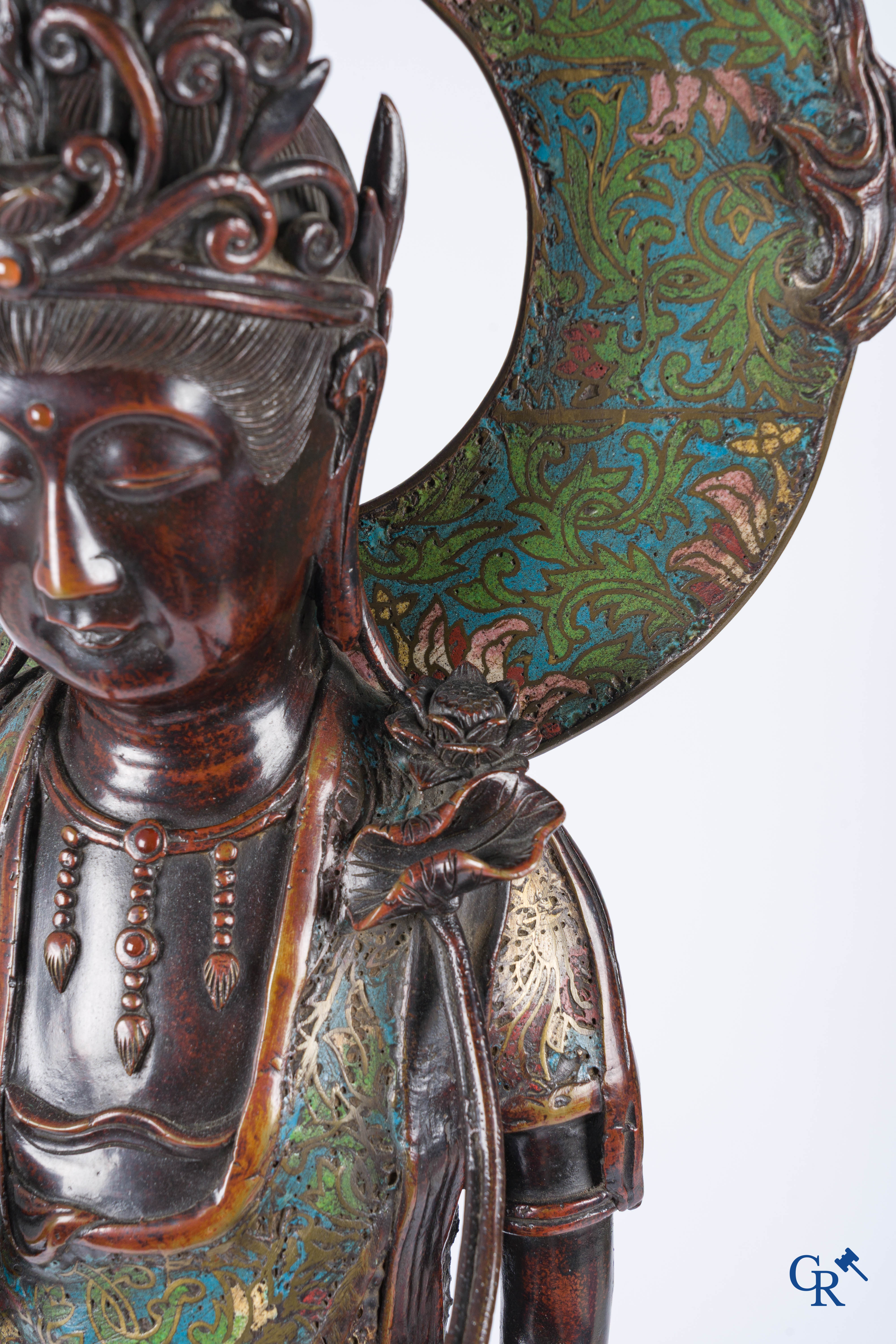 Asian Art, a large Japanese champlevé bronze figure of a standing Guanyin. 19th century.