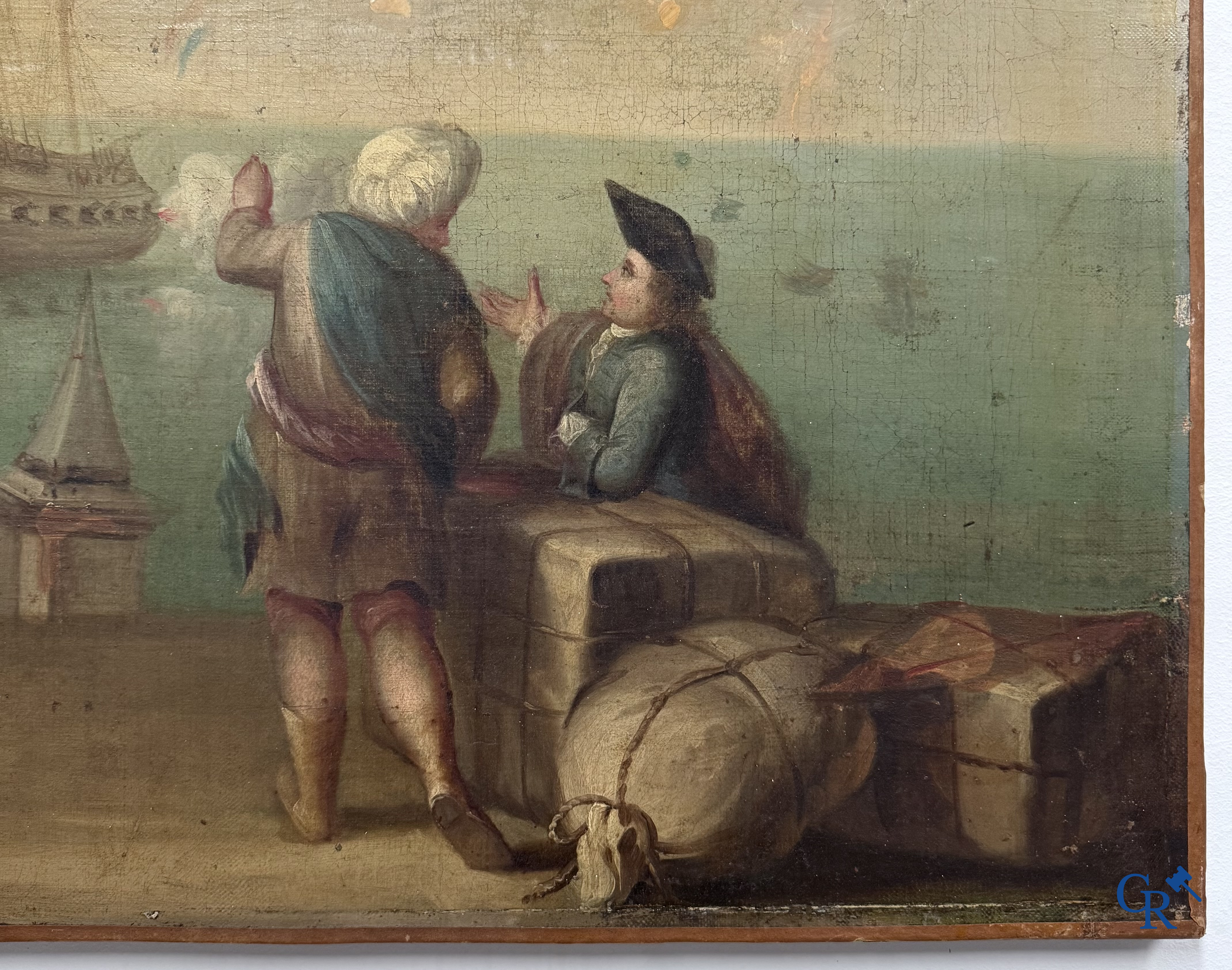 Schilderij. Havenzicht met een Hollands vlaggenschip. Olie op doek, 18e eeuw.