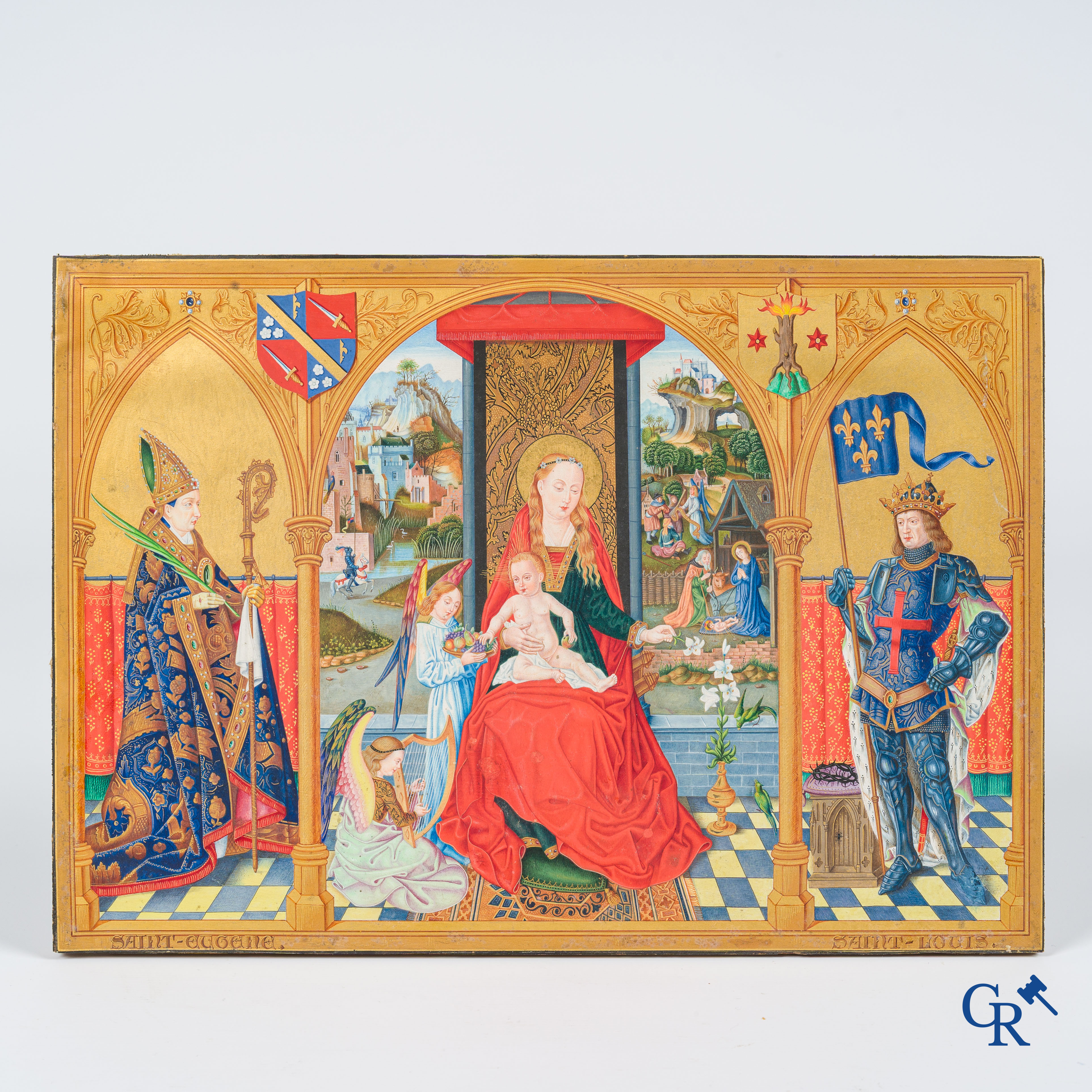 Uitzonderlijk miniatuurschilderij, Madonna en kind met de engelen. In de stijl van de Vlaamse Primitieven. 19e eeuw.