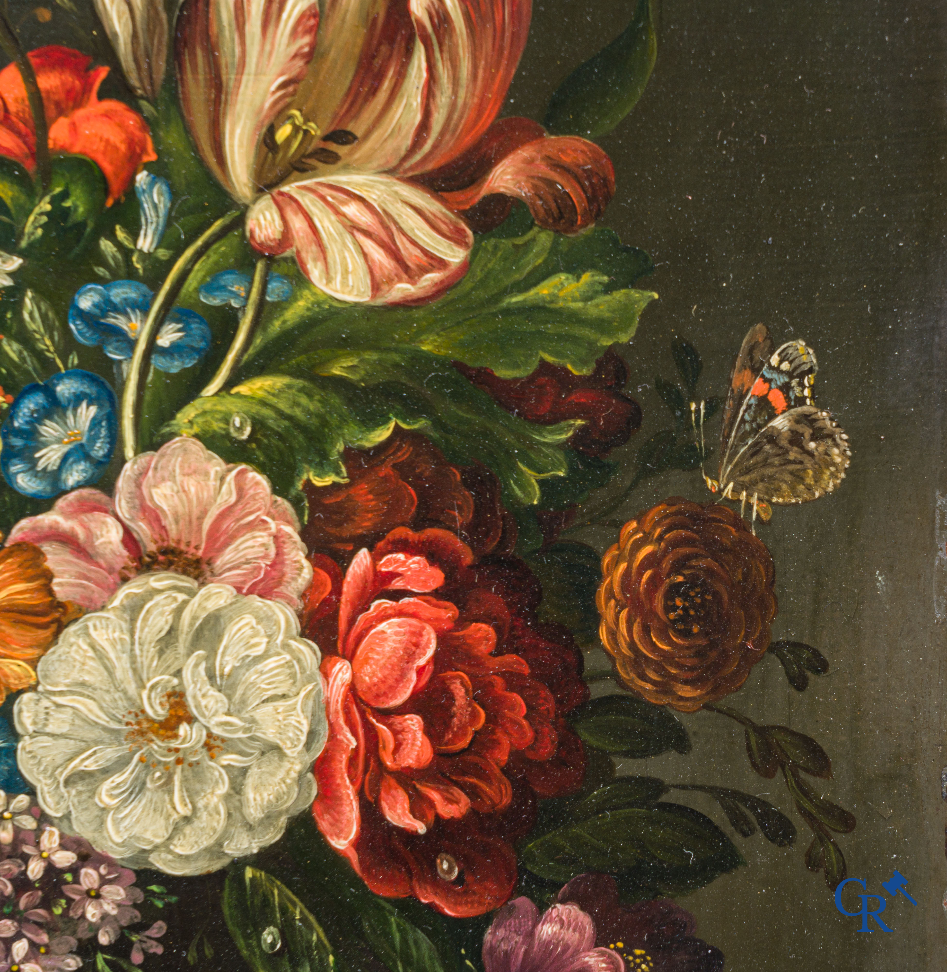 Peinture. Nature morte aux fleurs et aux insectes. Huile sur cuivre. 18e-19e siècle.