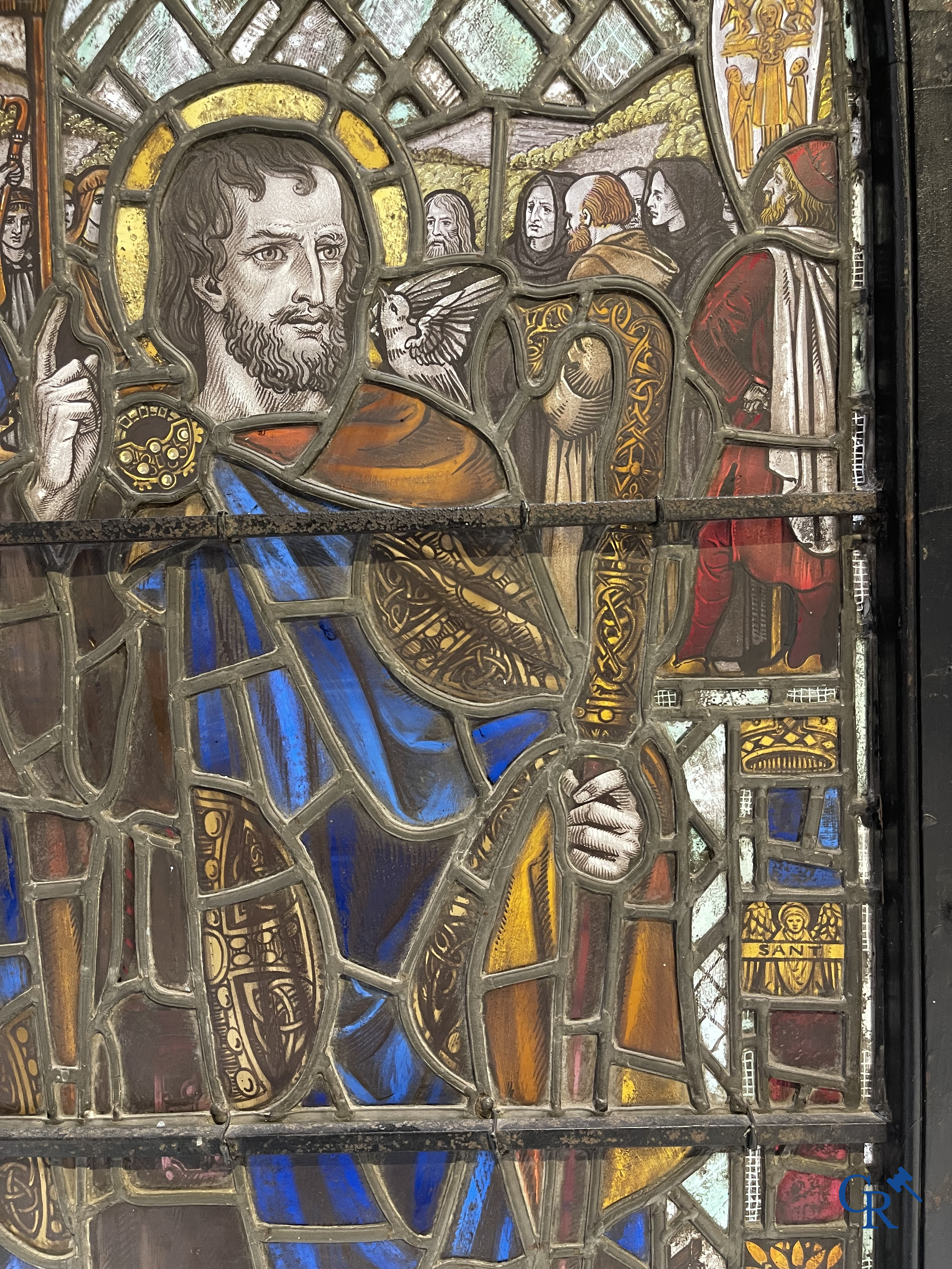 Religieuze objecten, een uitzonderlijk brandglas in lood met afbeelding van Saint David. 19e eeuw.