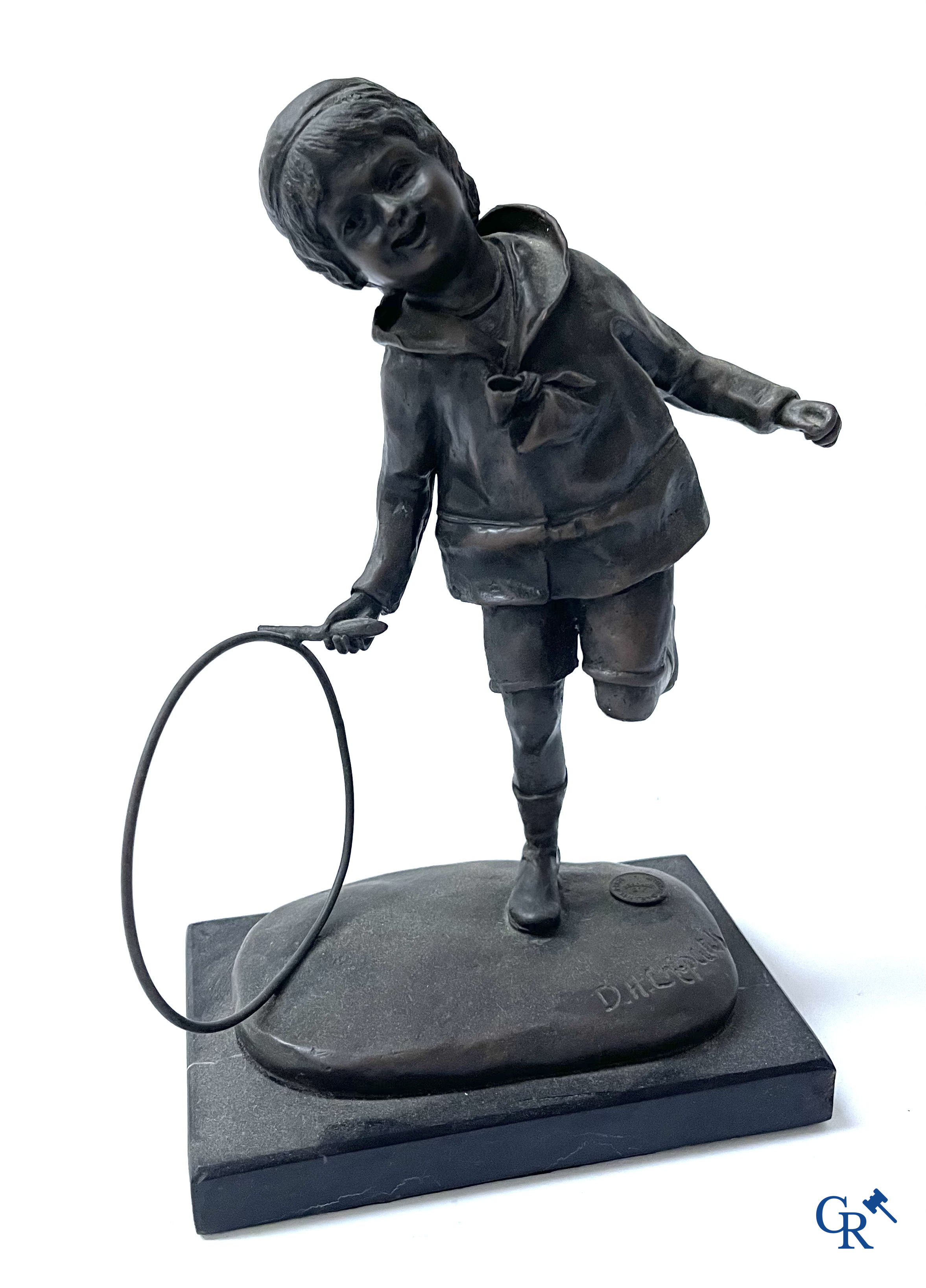 A bronze group after Raoul Larche with 5 children and a basket and 2 bronze statuettes after Chiparus. Posthumous 20th century.