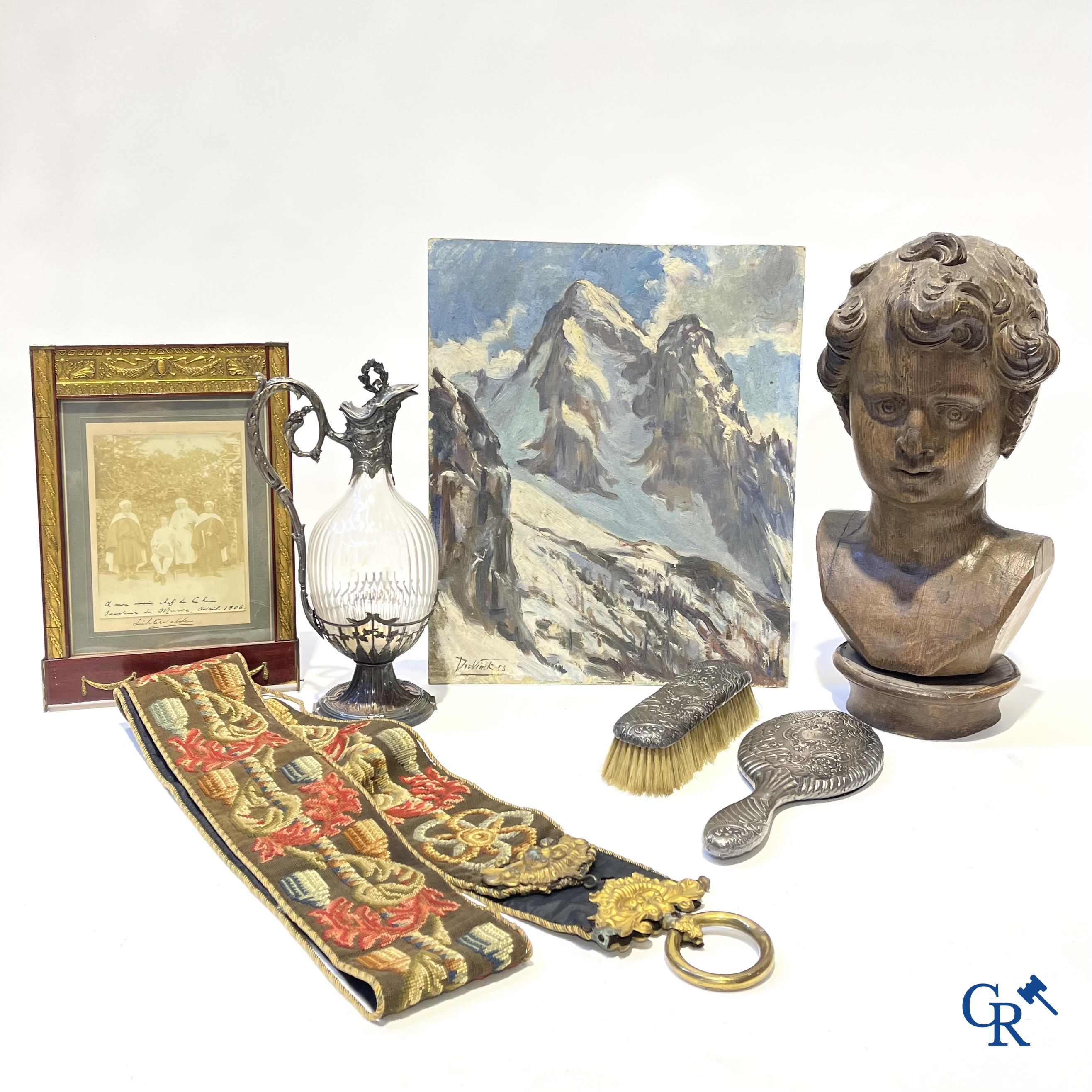 A nice lot of brocante, carafe with silver mounts, painting, wooden bust, old photo, etc.