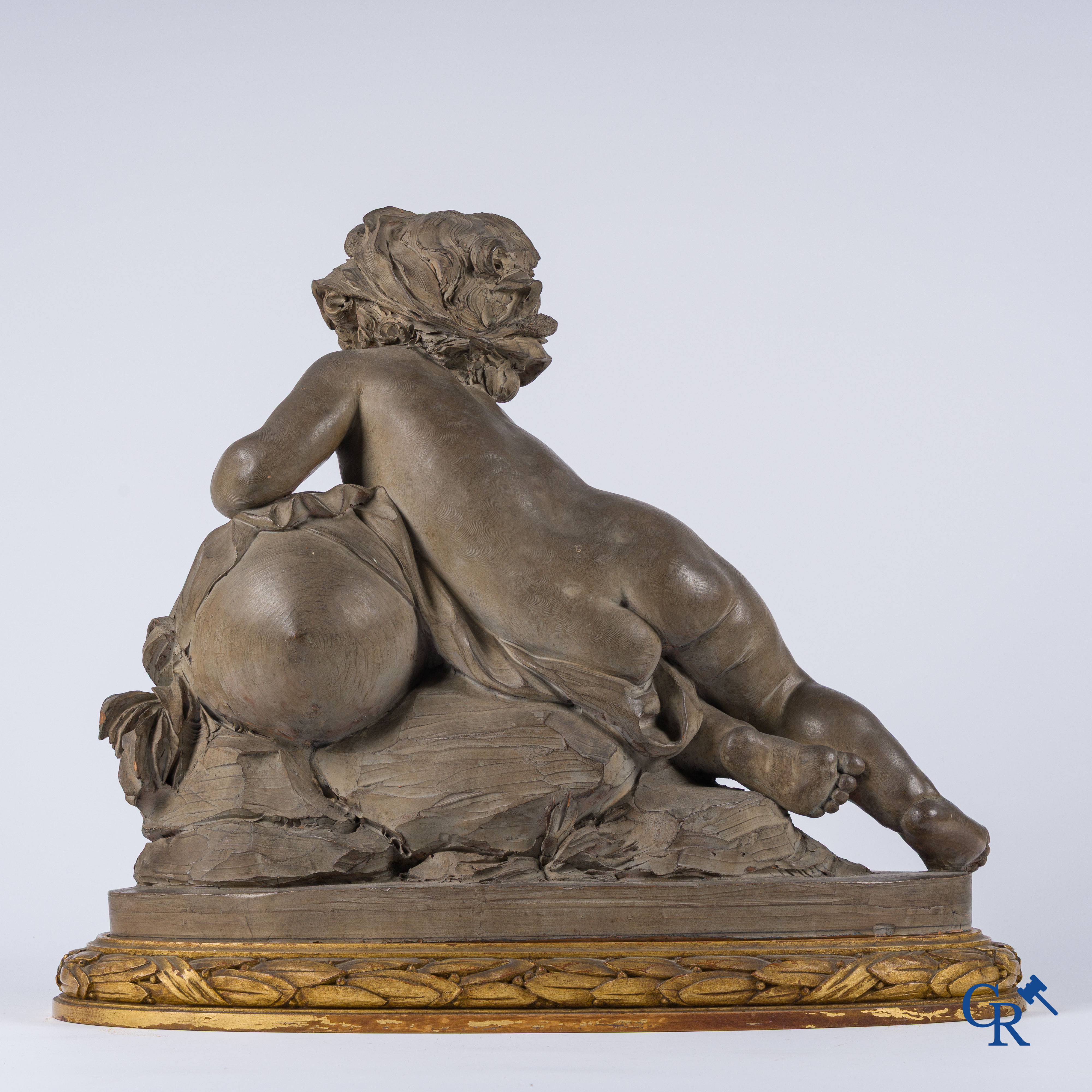 "La Source" A large terra cotta group on a wooden gilded pedestal. LXVI style. 19th century.