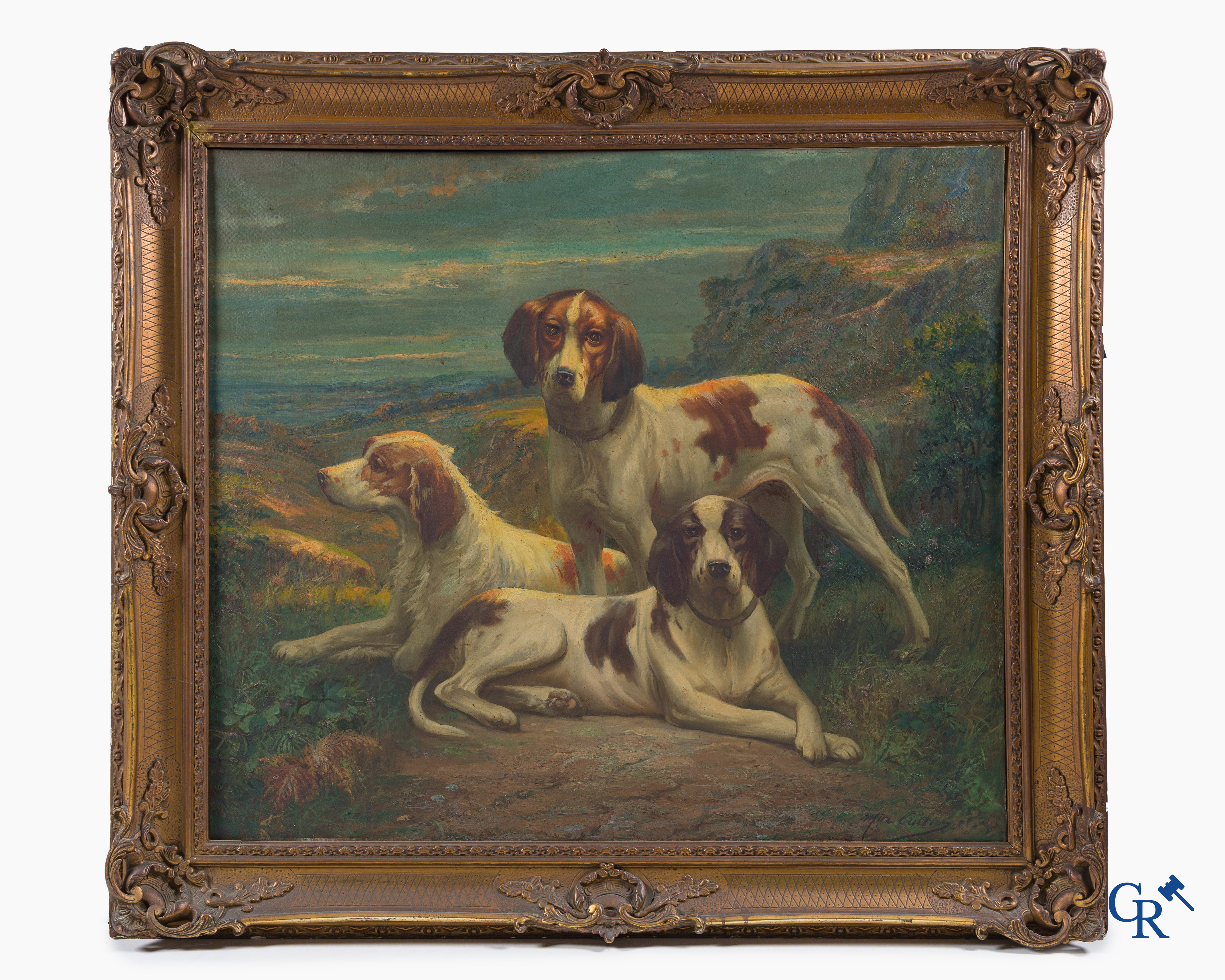 Max Albert Carlier (1872-1938) Groot schilderij met 3 jachthonden in een vergulde kader. Olie op doek.