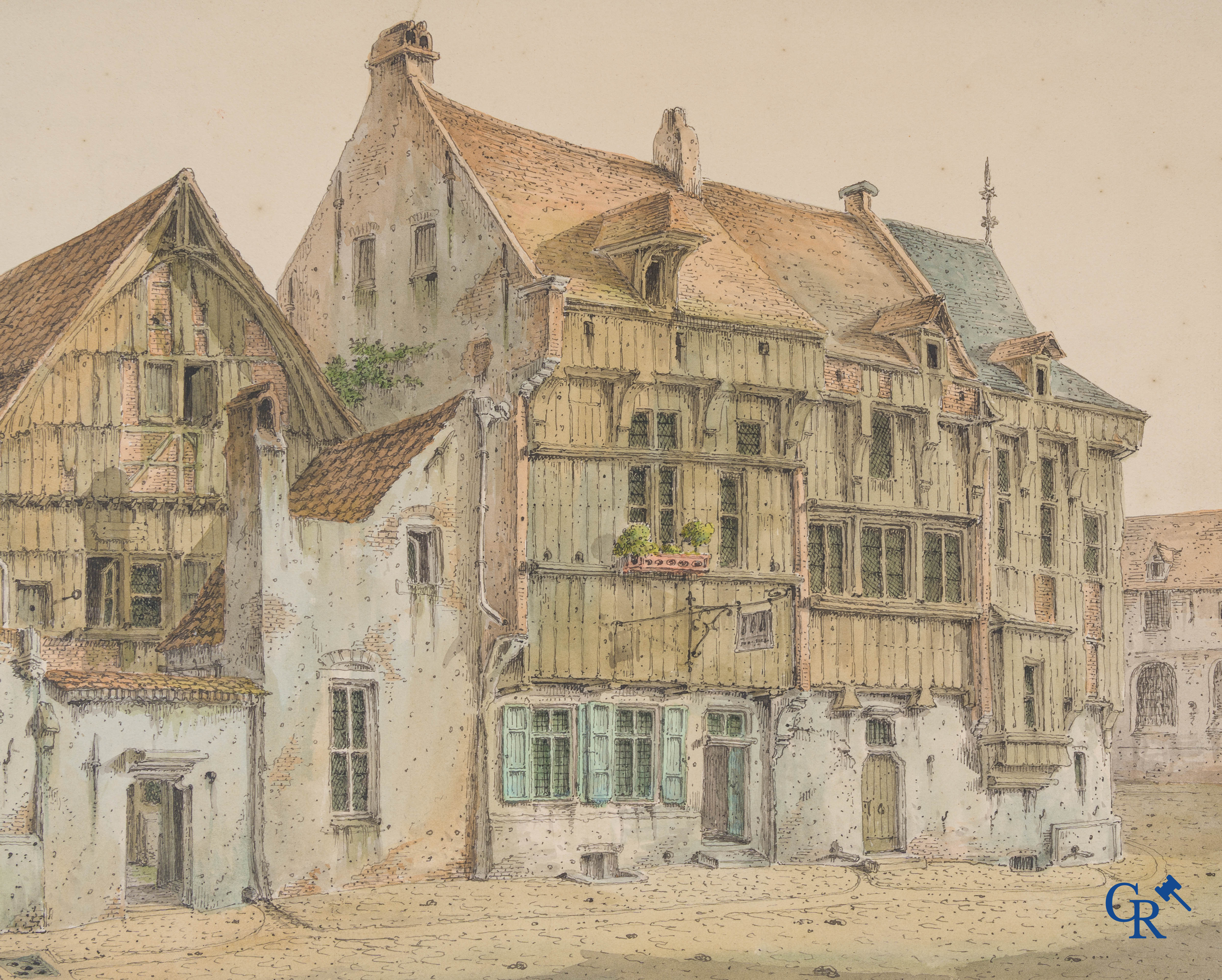 Jean-Baptiste André De Noter (1786-1855) Inkt en waterverf. Zichten van de stad Mechelen.