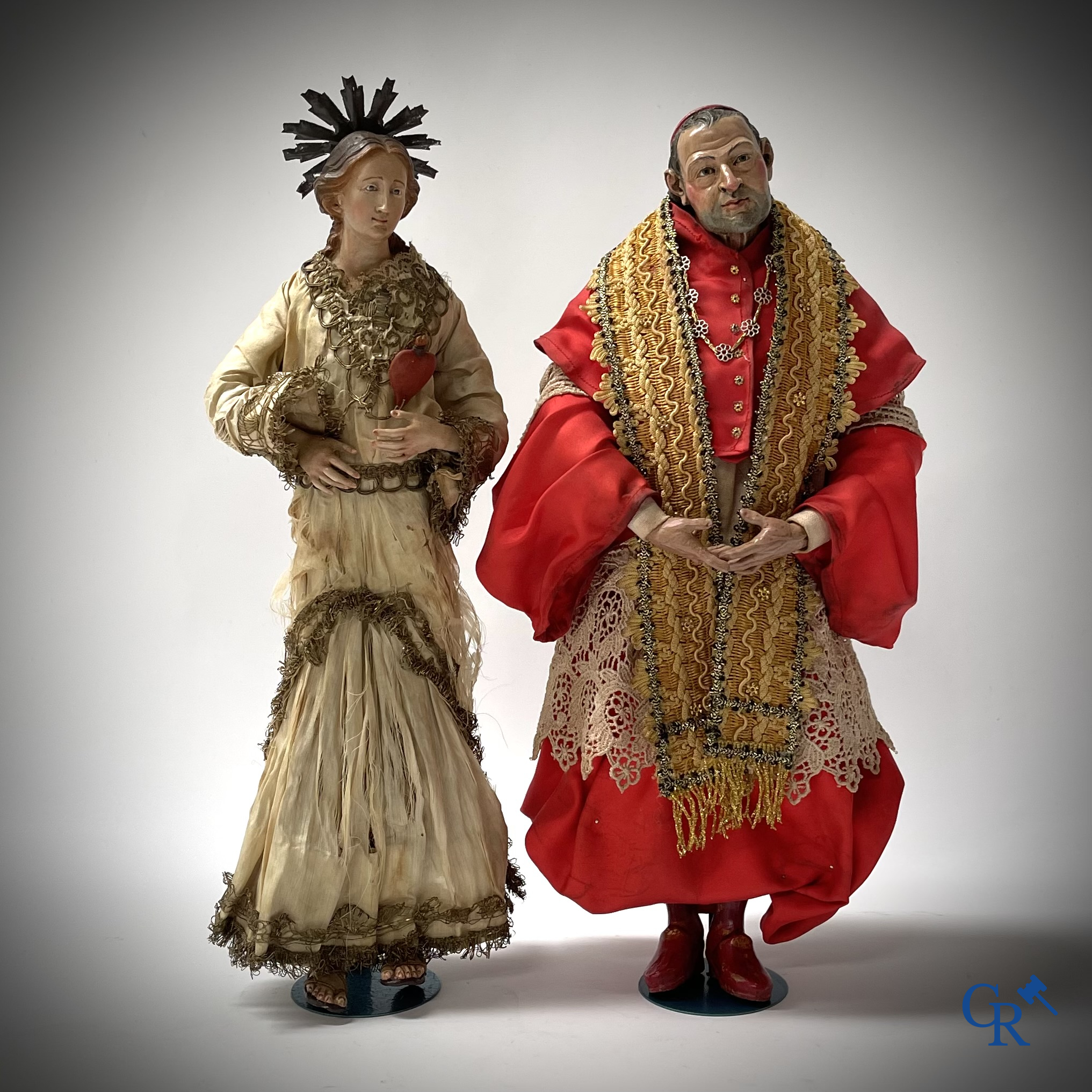 Religious objects, A pair of large Neapolitan santons with glass eyes. 19th century.