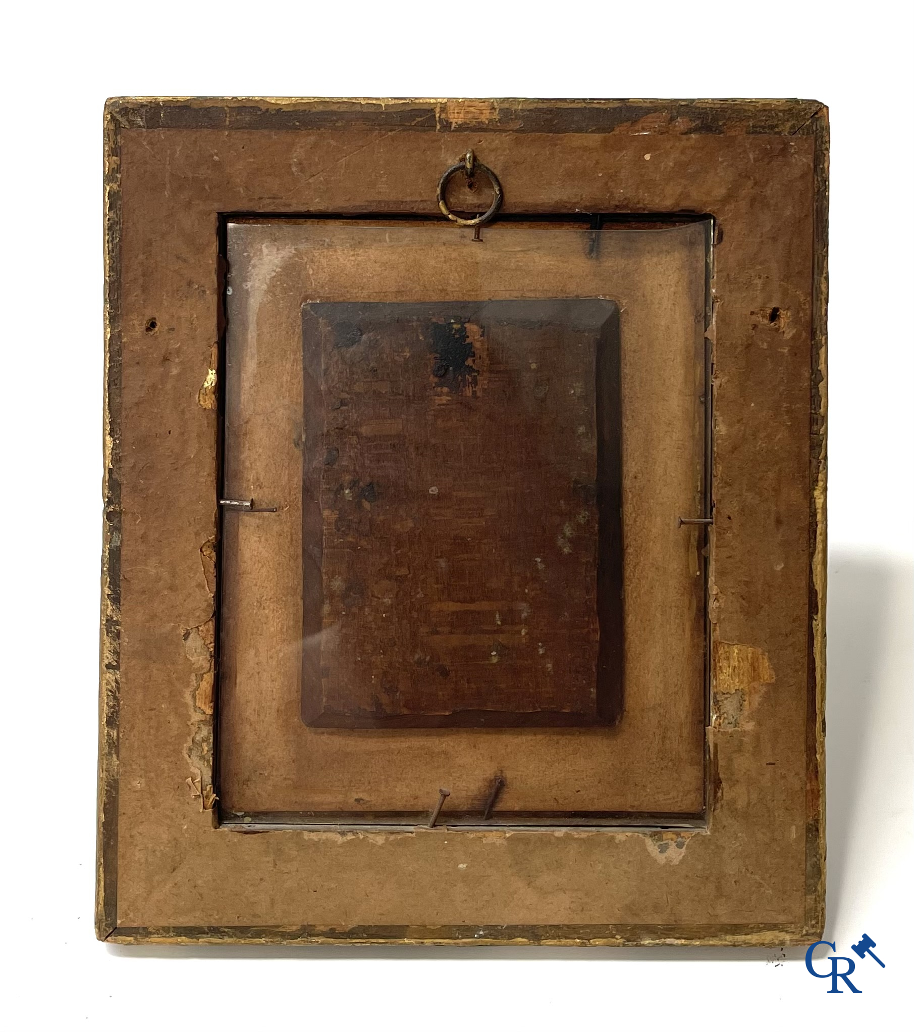 A pair of portrait paintings after Rembrandt Van Rijn, oil on panel, 2 portrait pen drawings attached. 19th century.