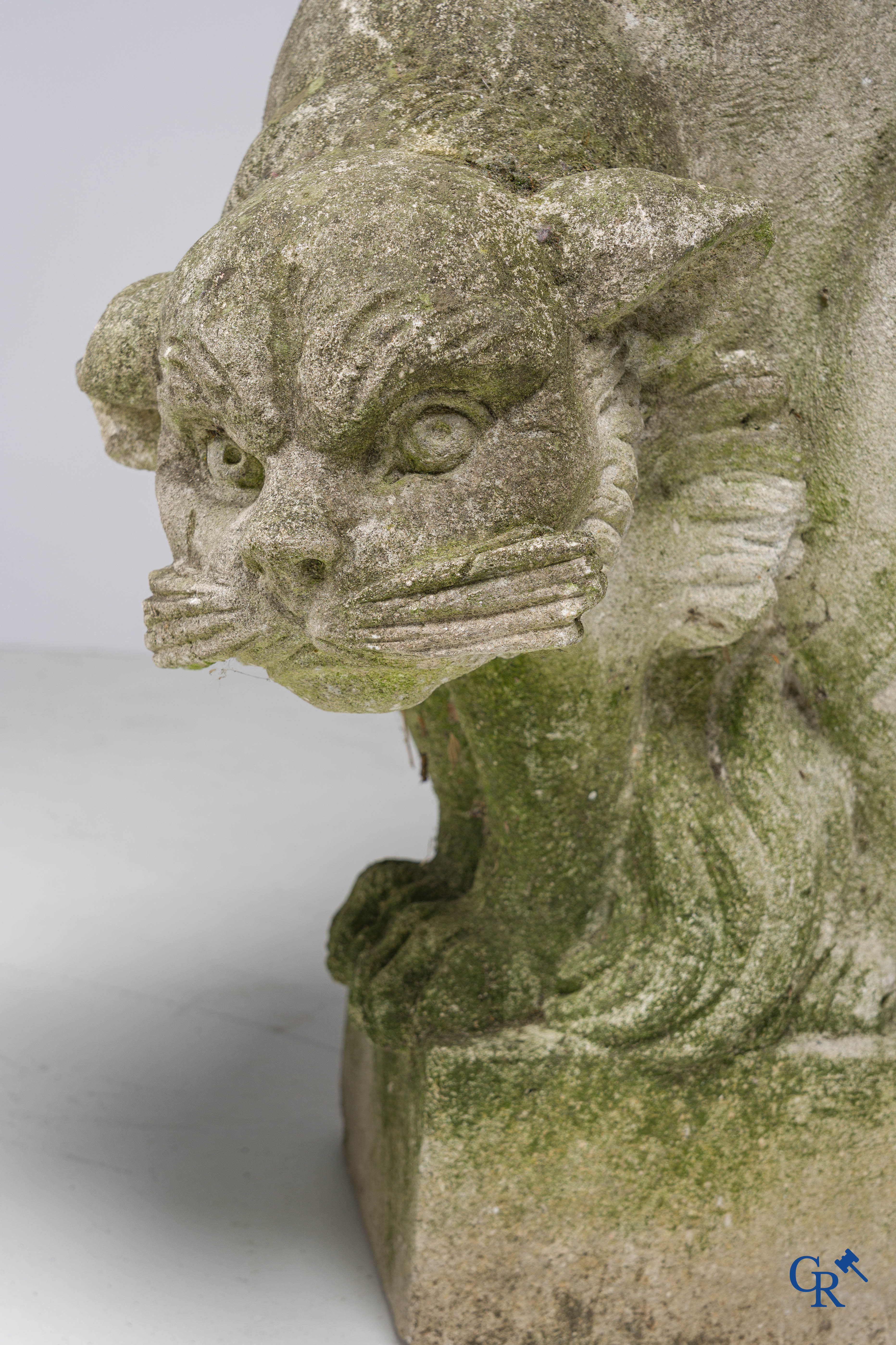 Exceptionally pair of large ornaments depicting cats in hand-sculpted limestone. Circa 1900.