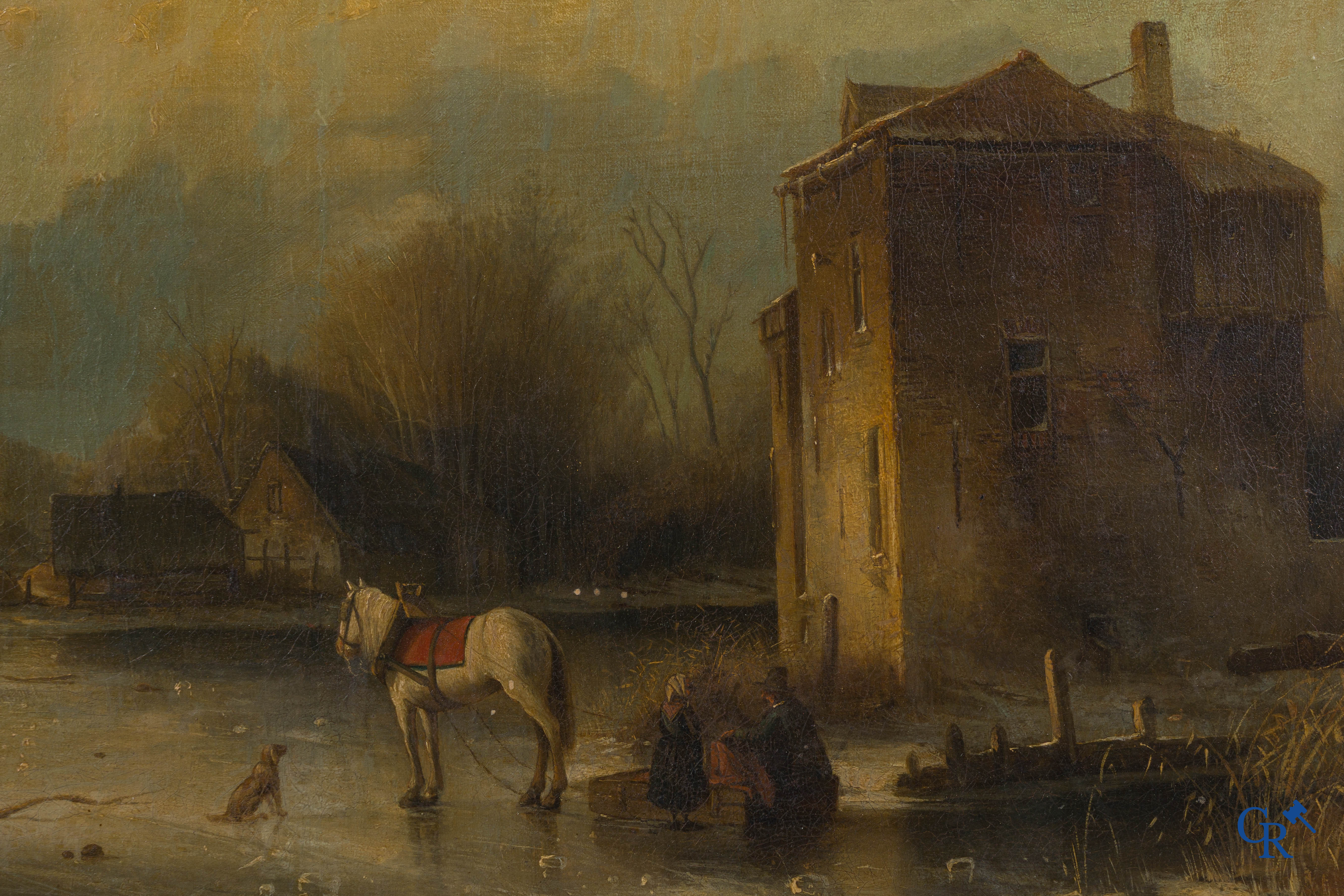 Smets Louis, (1840-1896) Winter water landscape with characters and a horse on the ice. Oil on mahogany.
