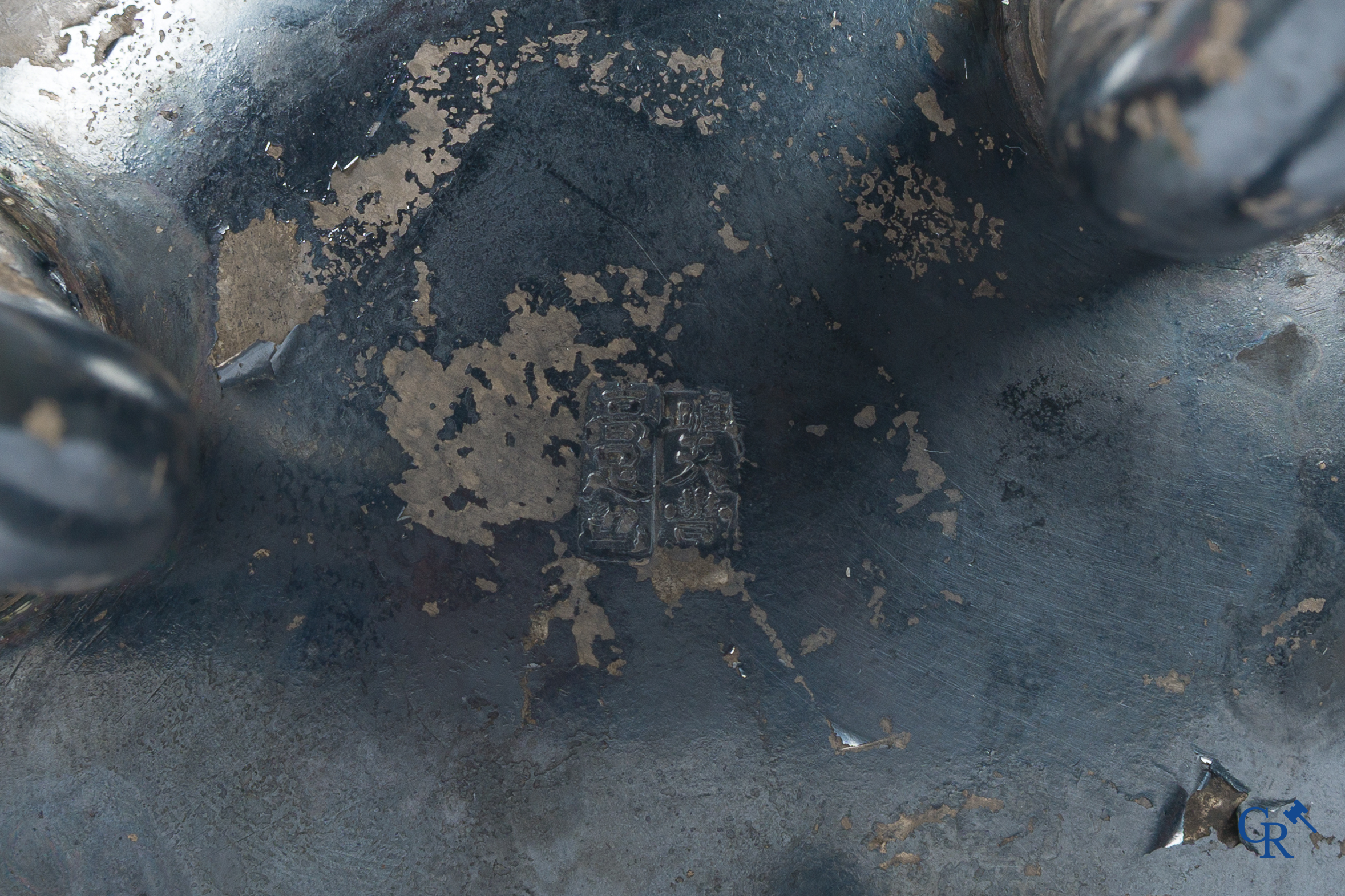 Asian Art, a Chinese silver and enamelled incense burner with candle holders. Marked. 18th-19th century.