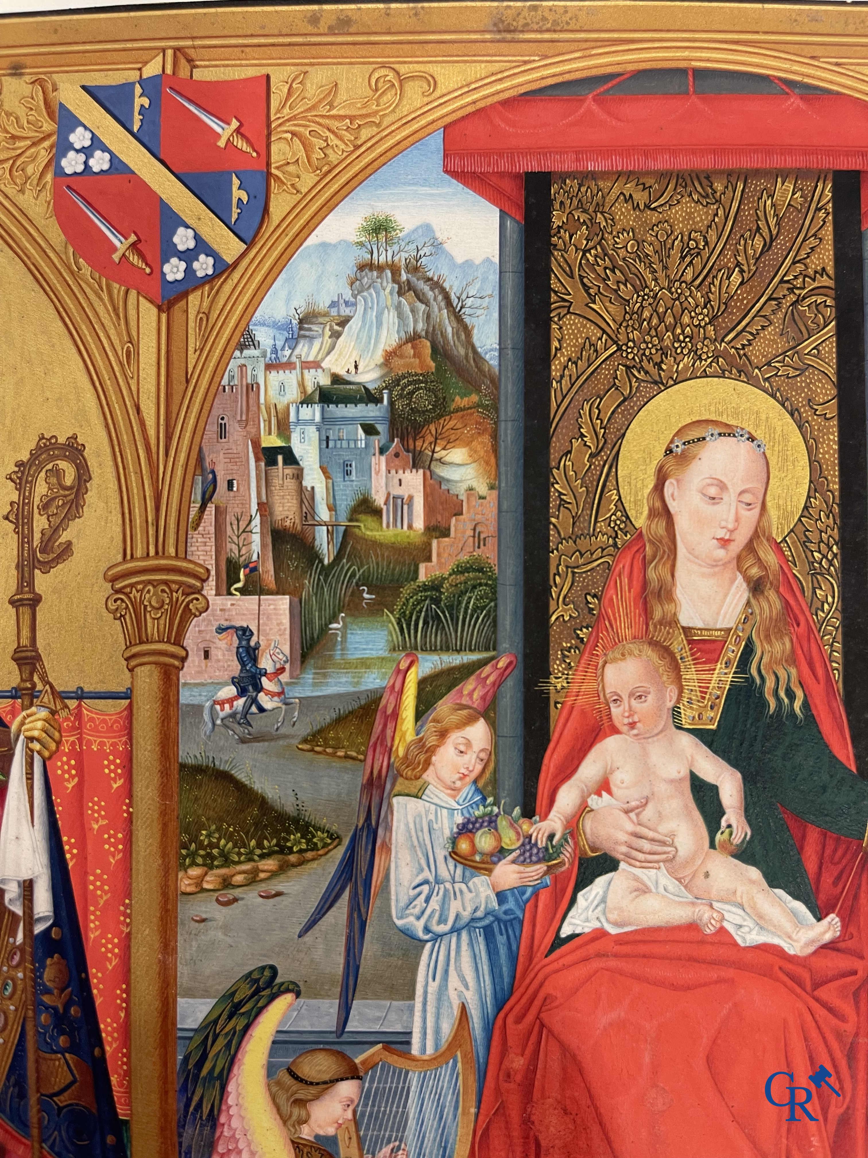 Uitzonderlijk miniatuurschilderij, Madonna en kind met de engelen. In de stijl van de Vlaamse Primitieven. 19e eeuw.