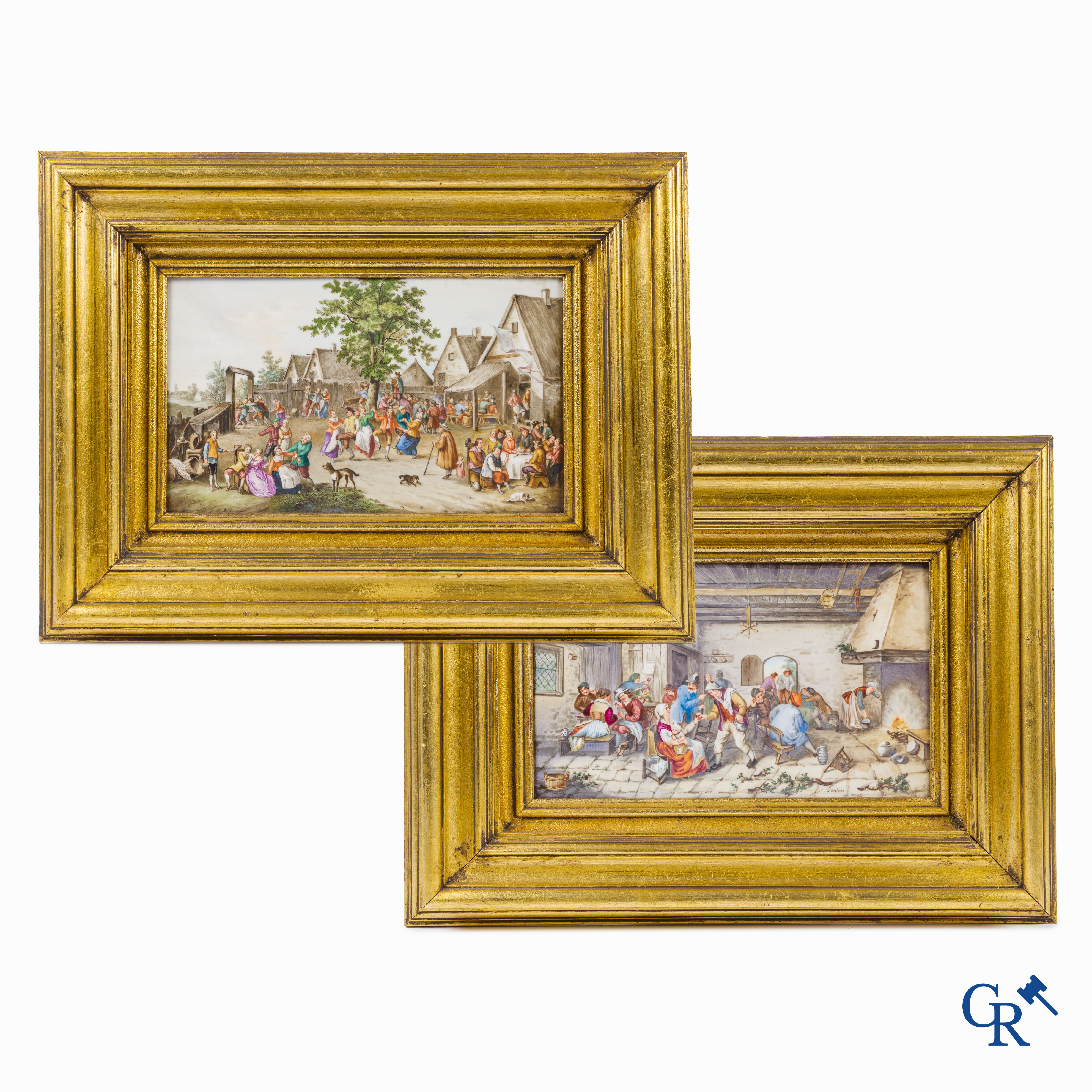 Teniers (after). A few paintings on porcelain with typical rural village scenes. Signed Teniers.
