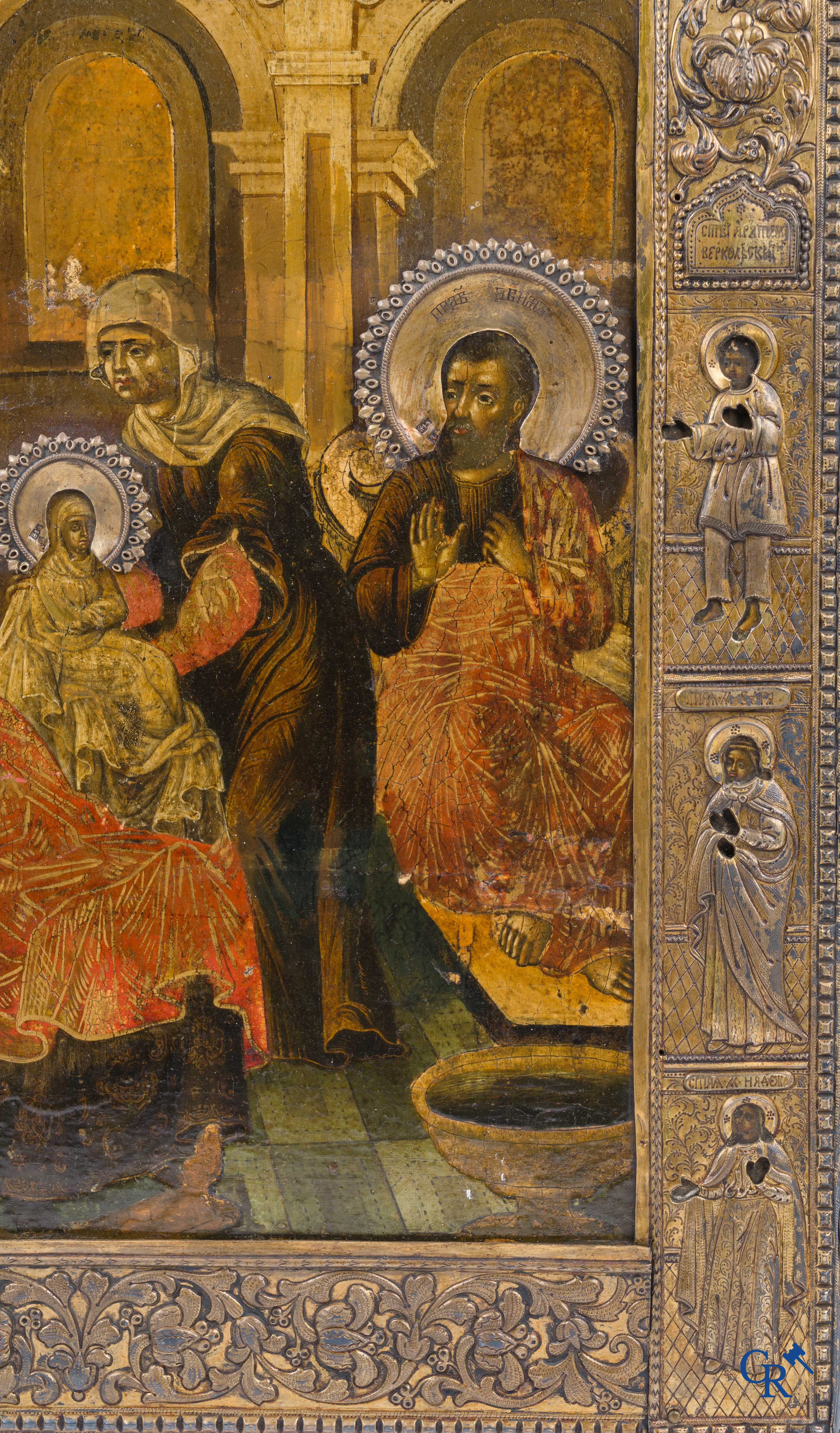 Russian work. The birth of Jesus. Important Russian icon with silver oklad. Silver grade 84 and dated 1883.