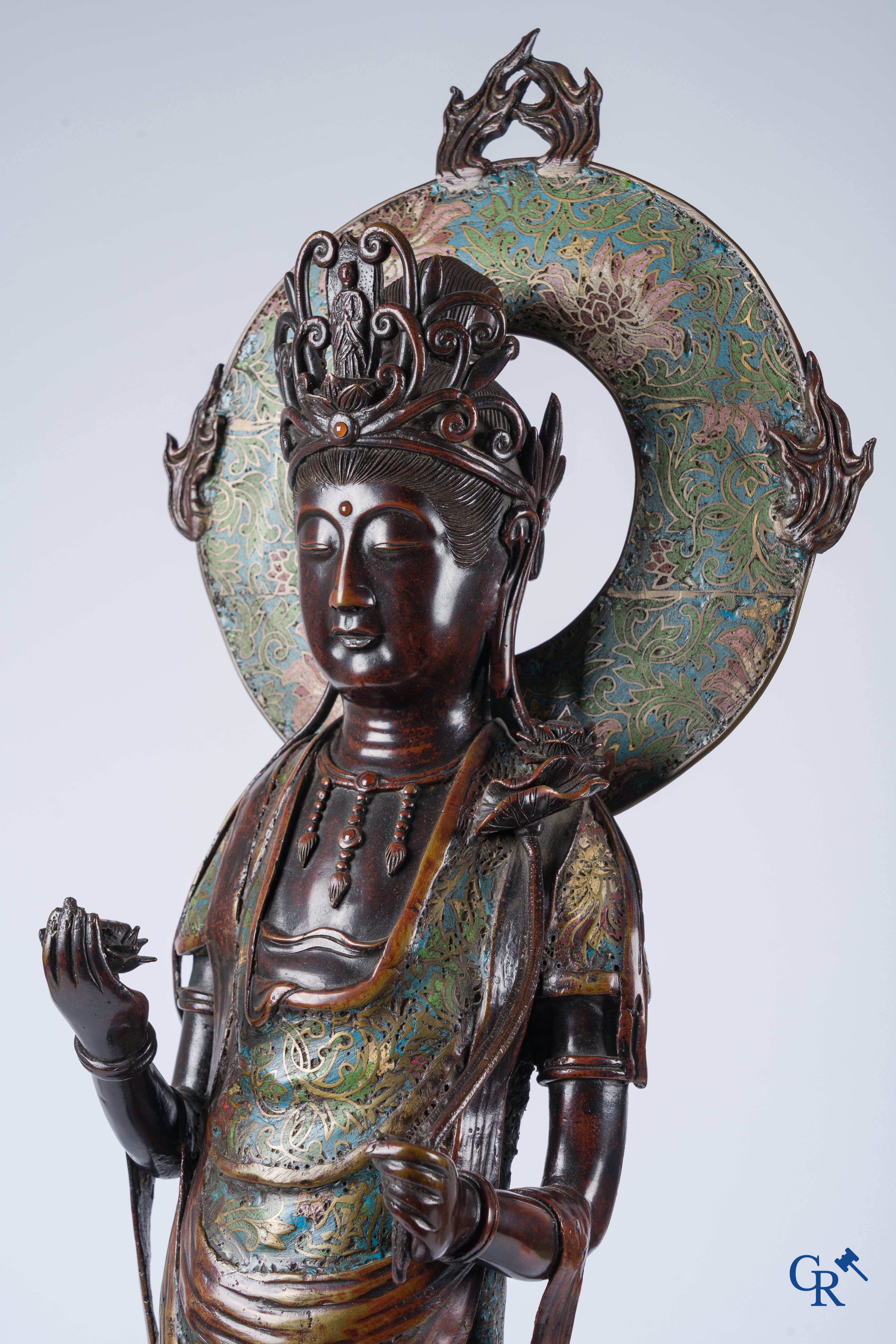 Asian Art, a large Japanese champlevé bronze figure of a standing Guanyin. 19th century.
