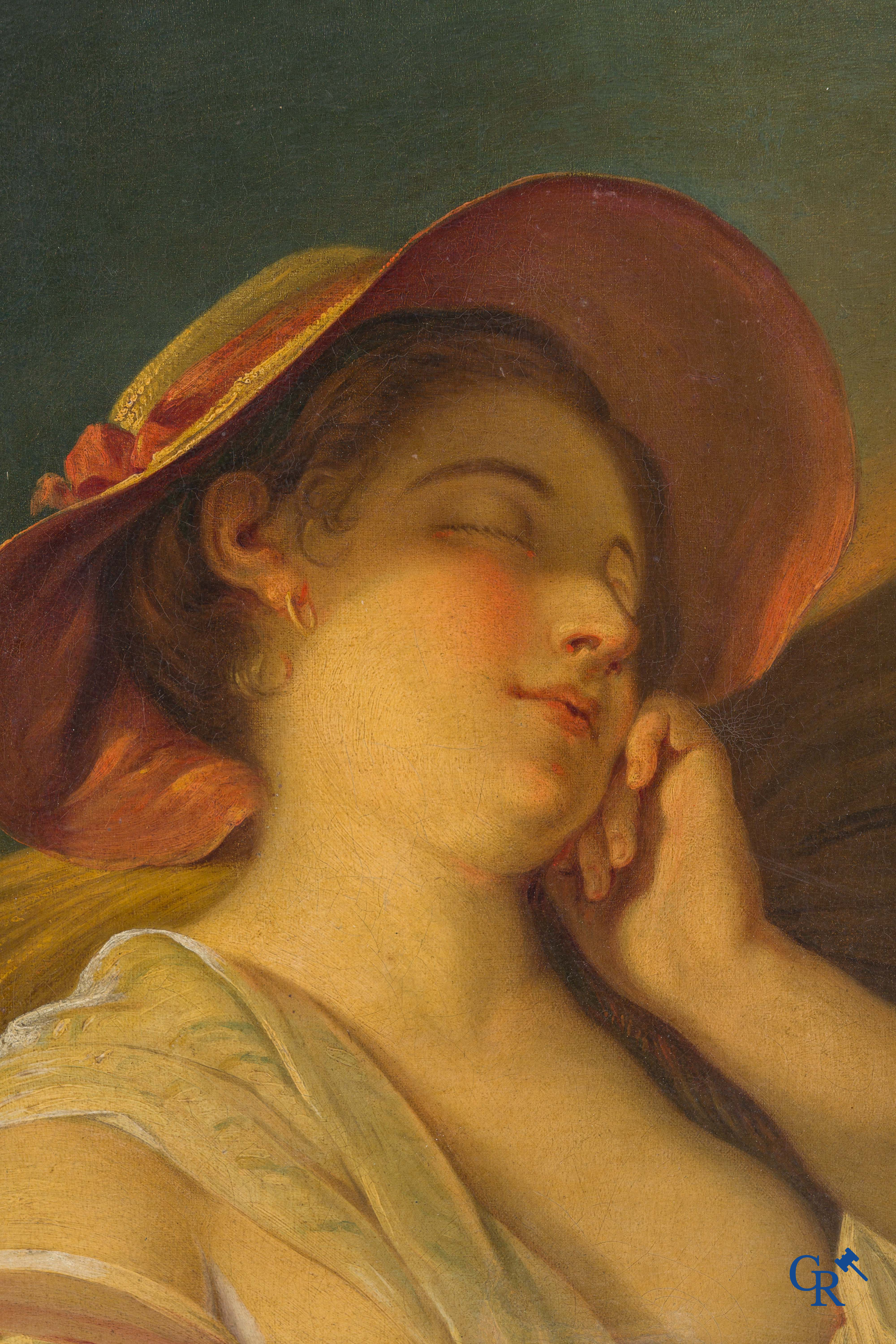 Painting, French school, portrait of a resting lady with hat. Oil on canvas. 19th century.