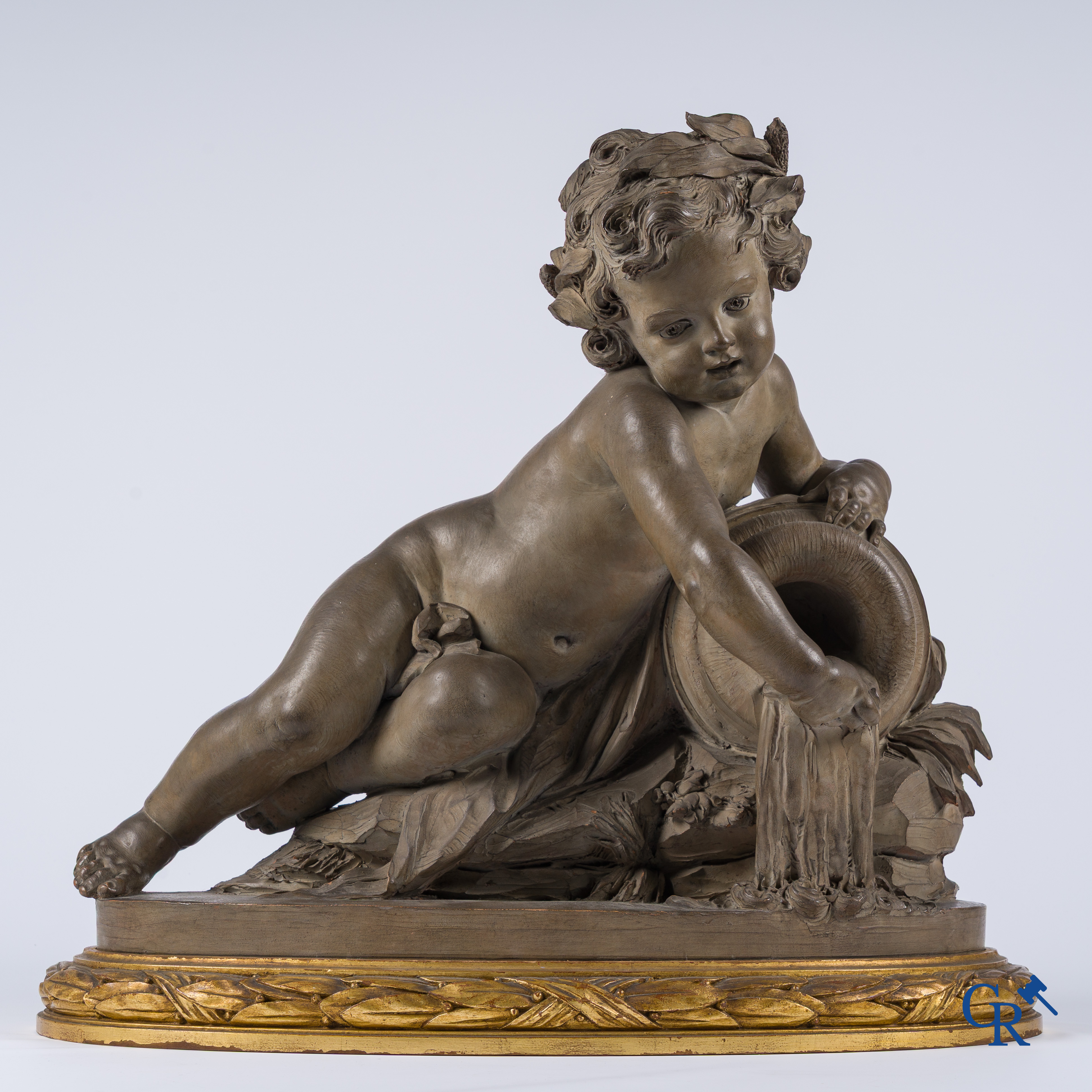 "La Source" A large terra cotta group on a wooden gilded pedestal. LXVI style. 19th century.