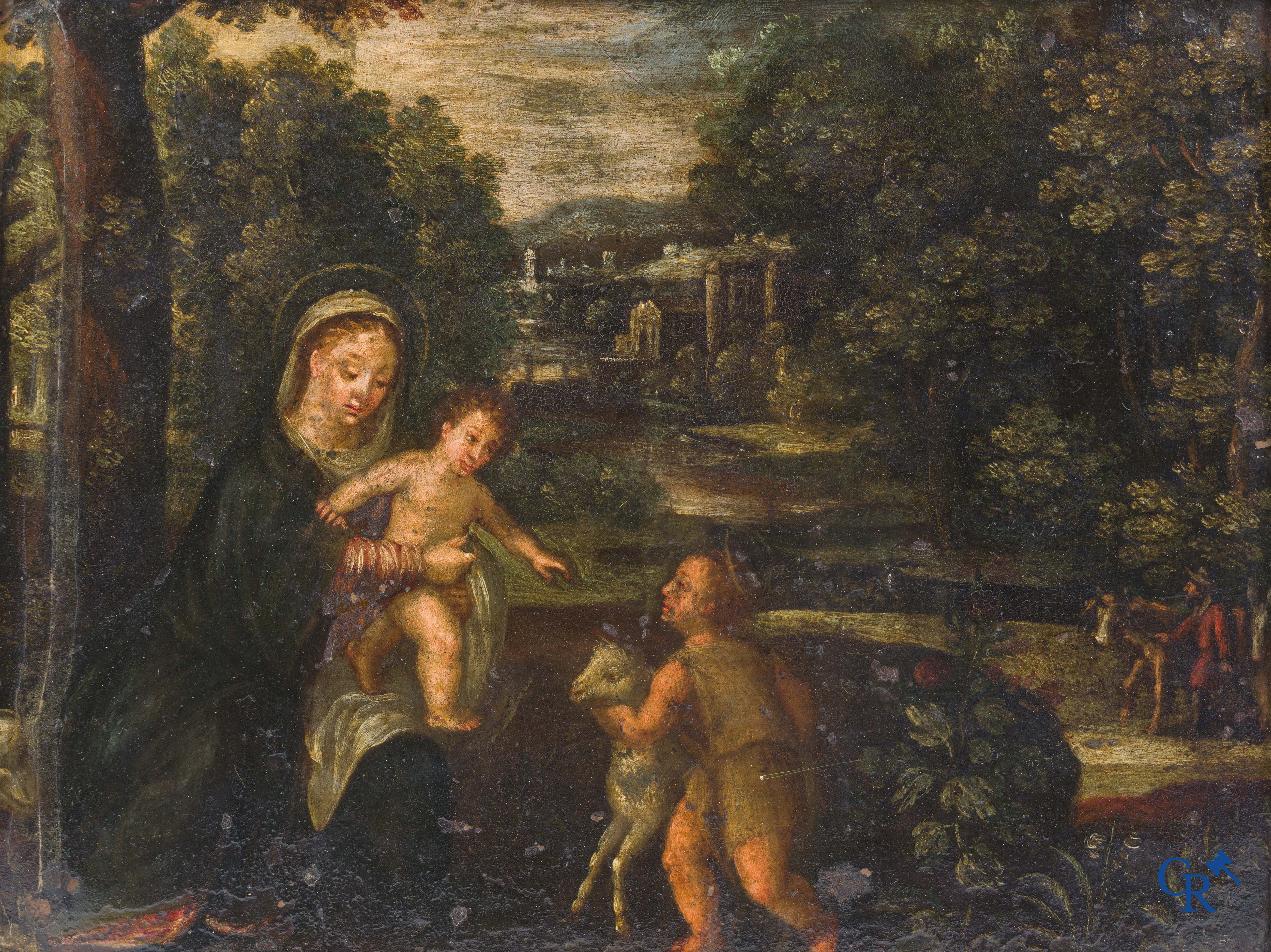 Antiek religieus schilderij. De Heilige Maria, Jezus en Sint Johannes de Doper. Olie op koper. 18e-19e eeuw.