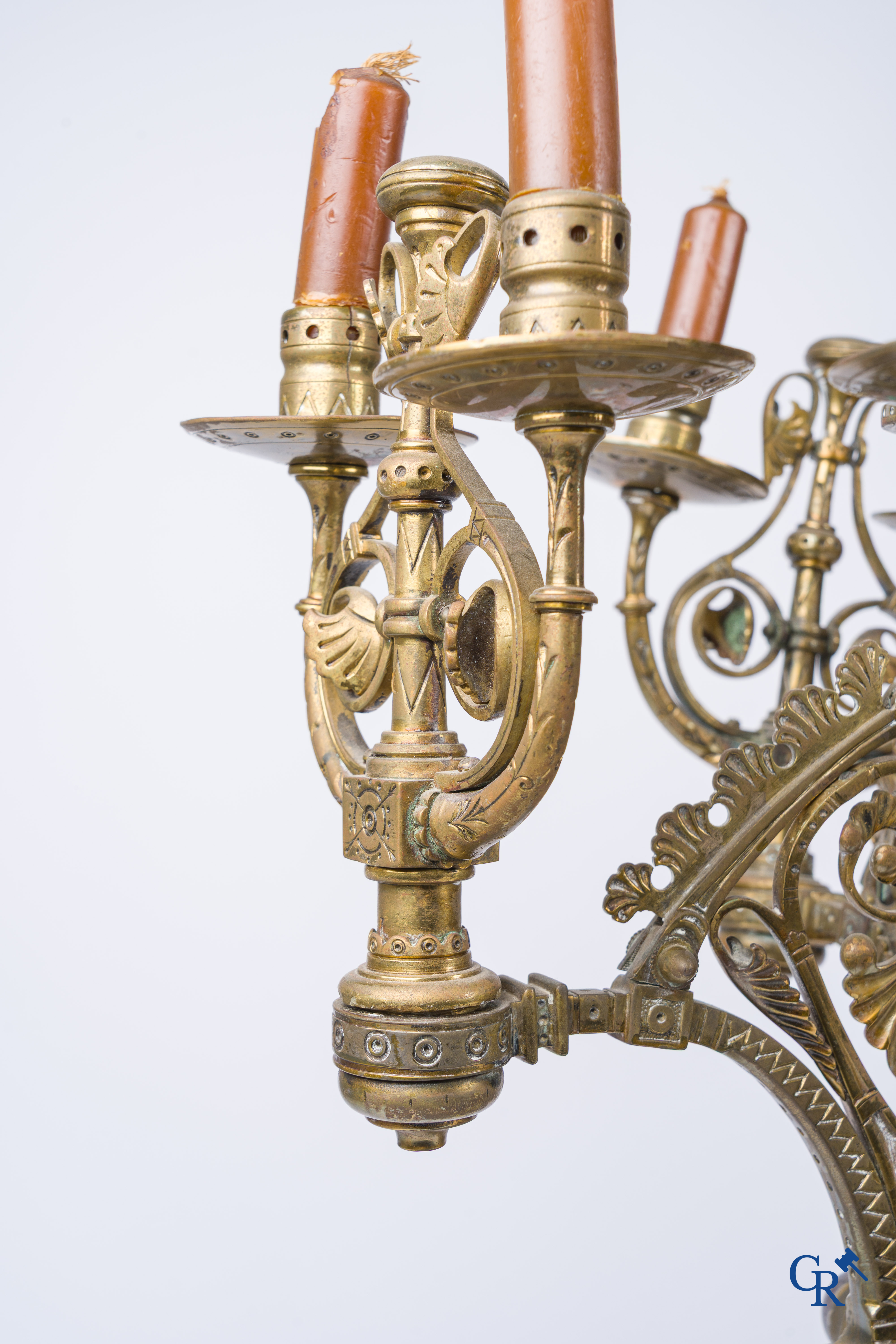 A pair of important bronze candlesticks decorated with various types of rock including amethyst. 19th century.