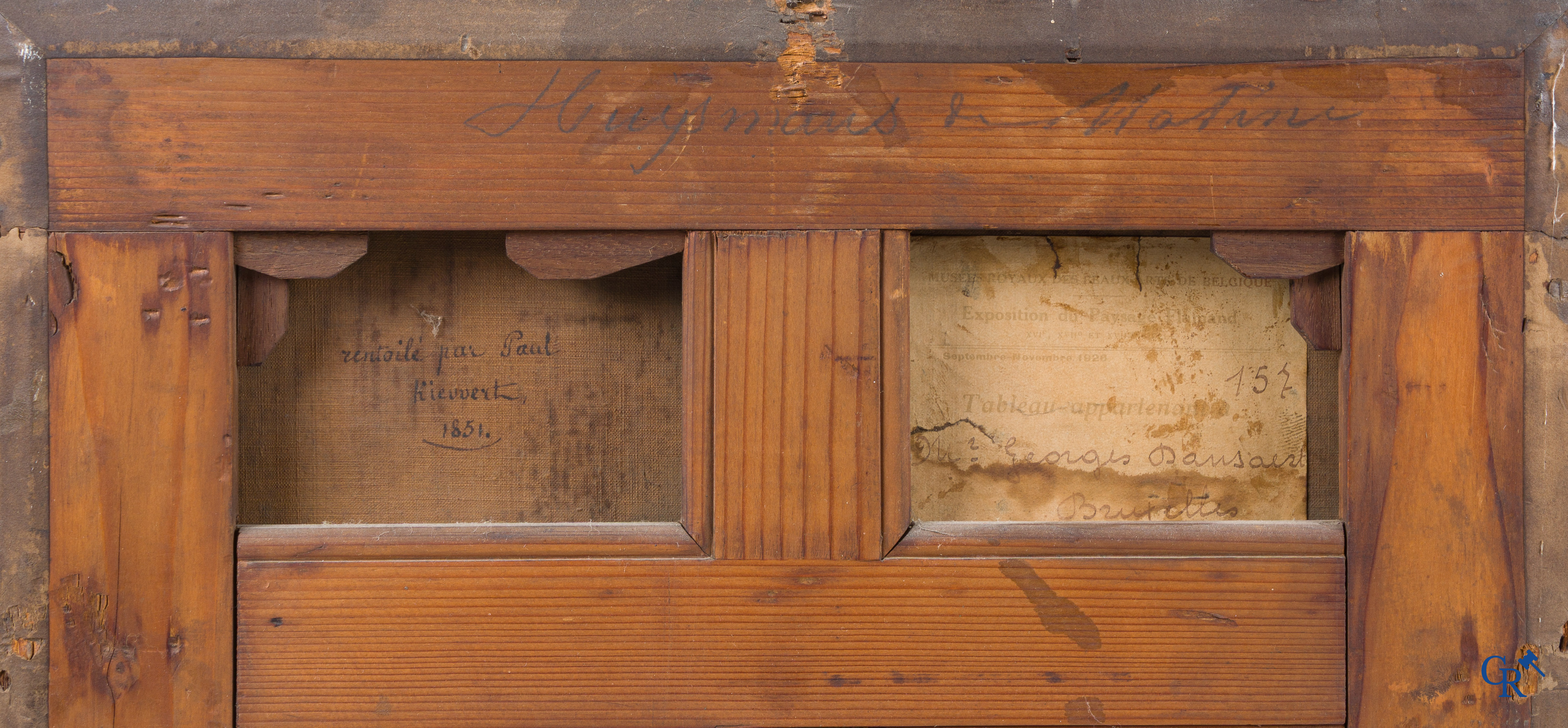 Cornelius Huysmans, Van Mechelen (1648-1727) Vlaamse school, Boszicht met personages en dieren. Met oud expositielabel.