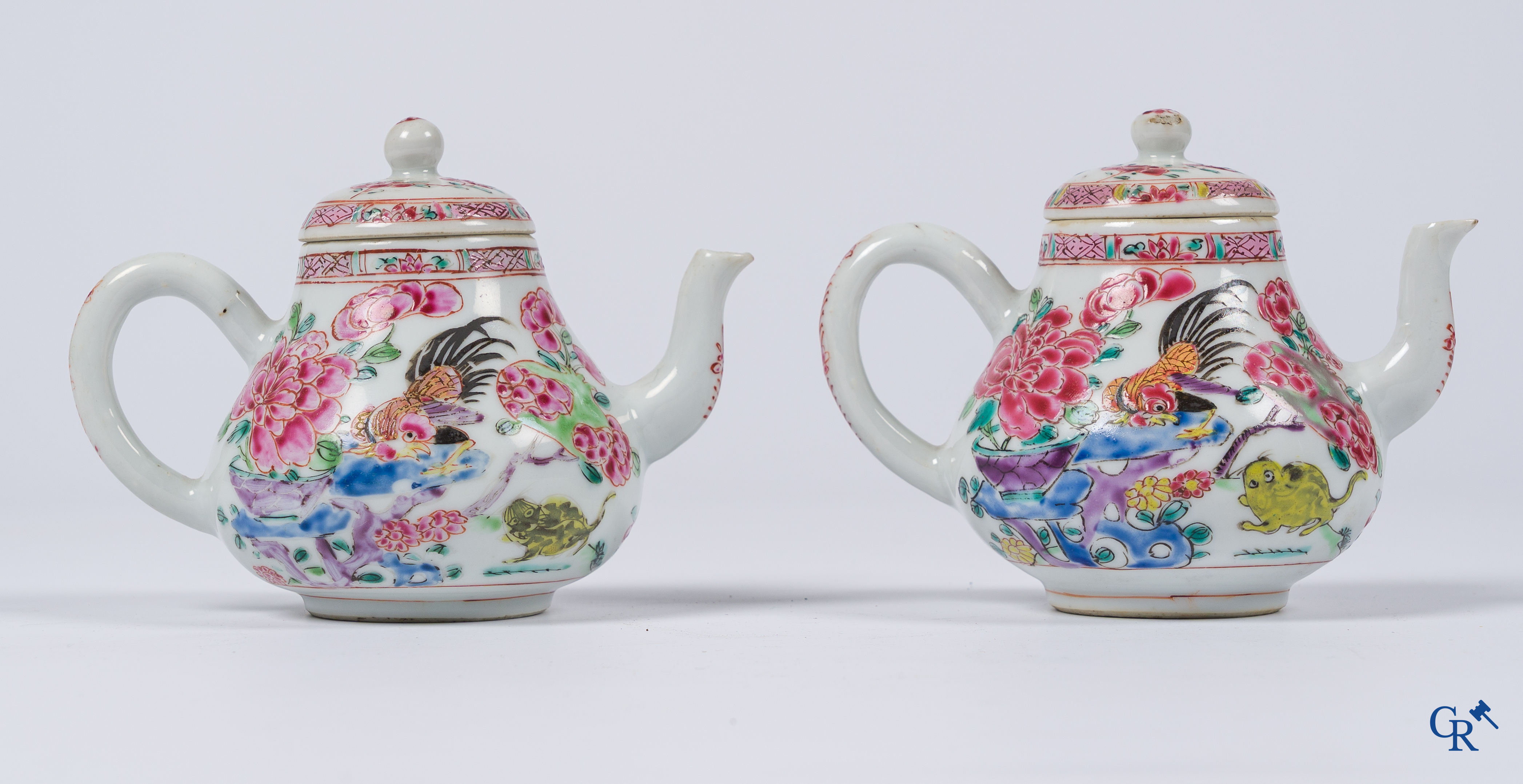 Asian Art, Chinese porcelain. 2 Chinese famille rose teapots with cockerels and cats. 18th century.