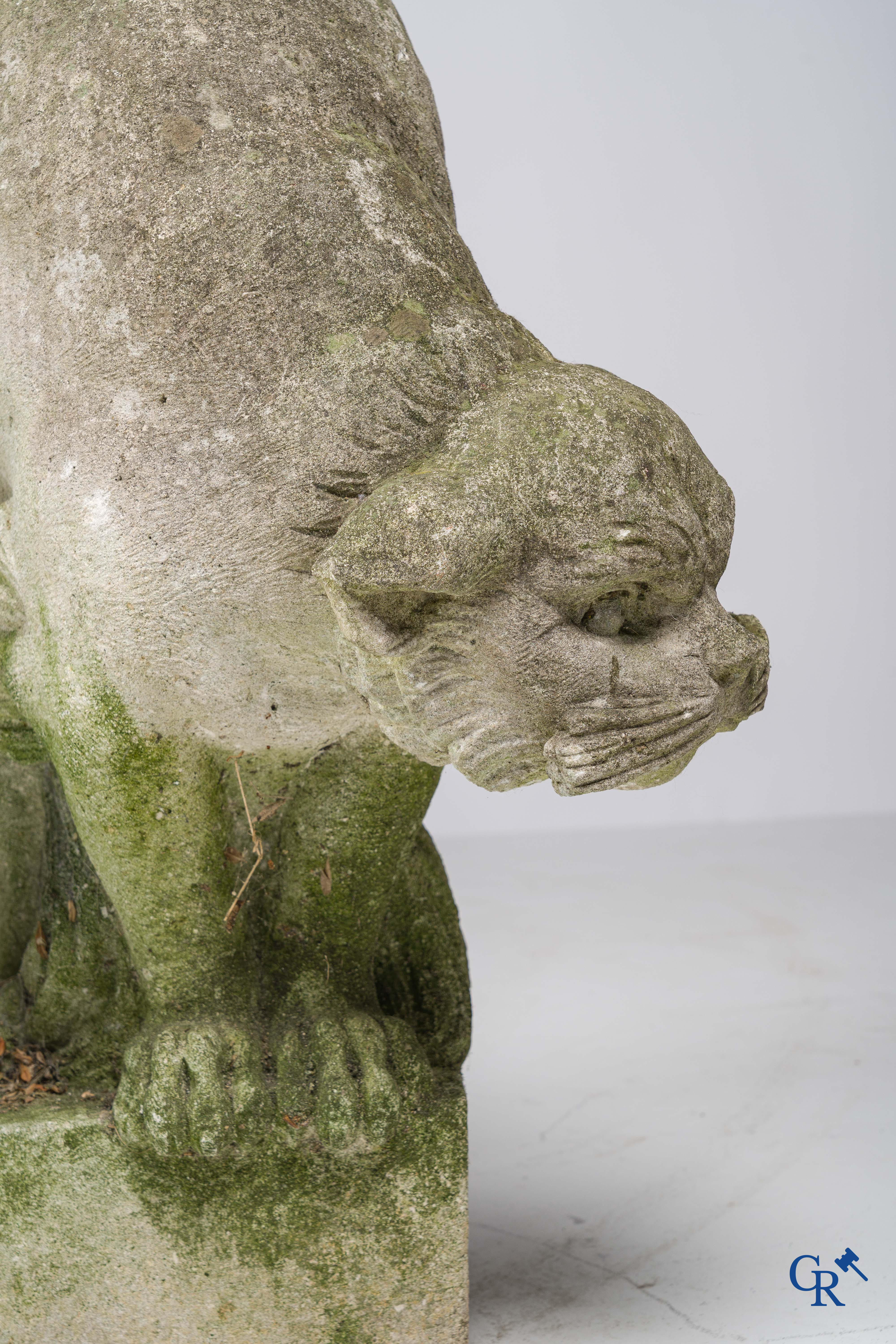 Exceptionally pair of large ornaments depicting cats in hand-sculpted limestone. Circa 1900.