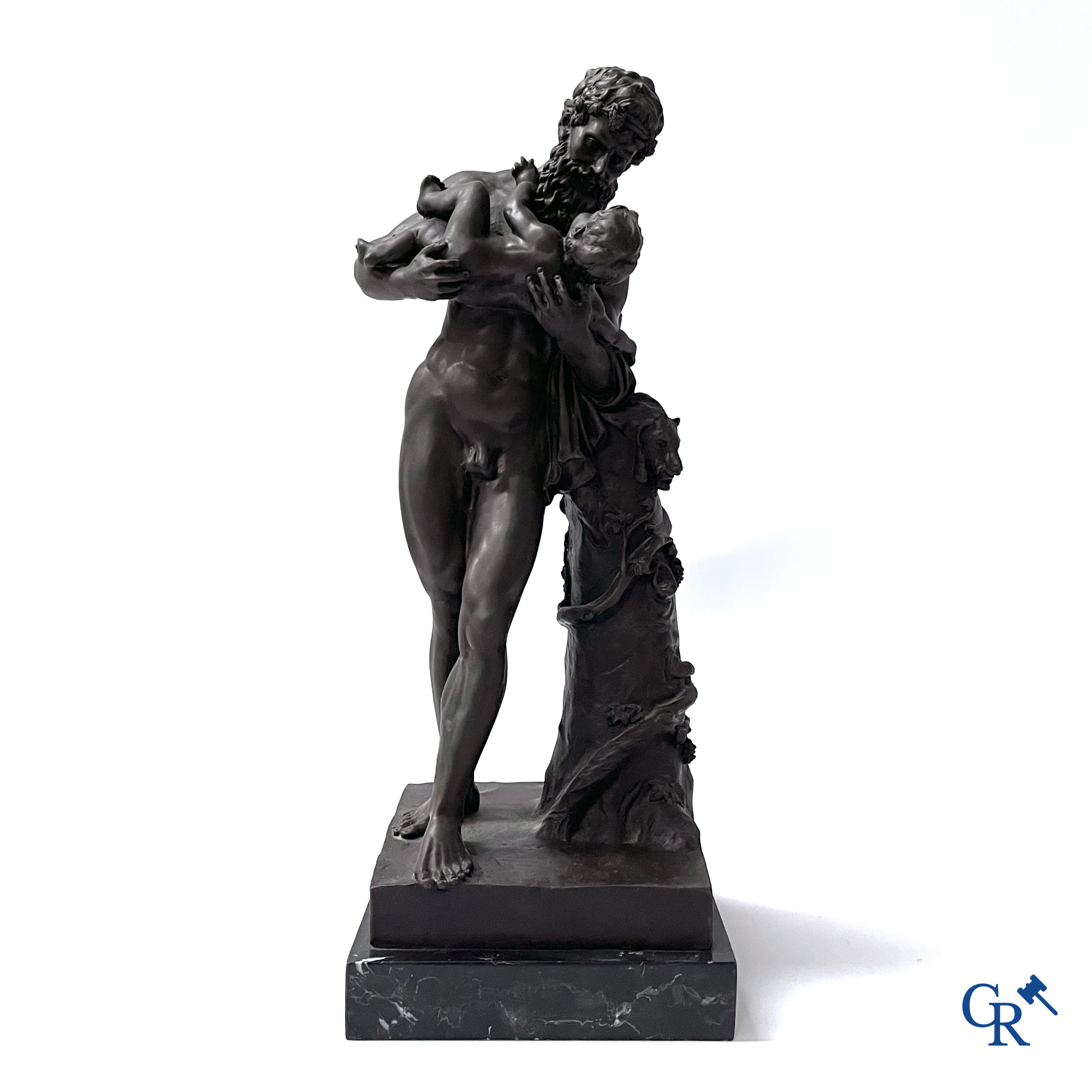 Hermès et Dionysos. D'Après l'antique. Bronze posthume sur marbre veiné noir. XXème siècle.