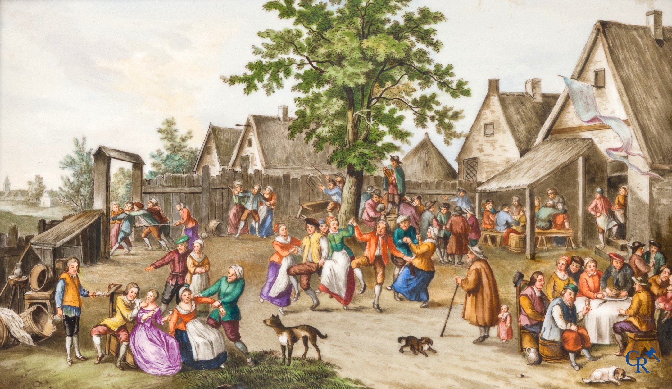 Teniers (after). A few paintings on porcelain with typical rural village scenes. Signed Teniers.