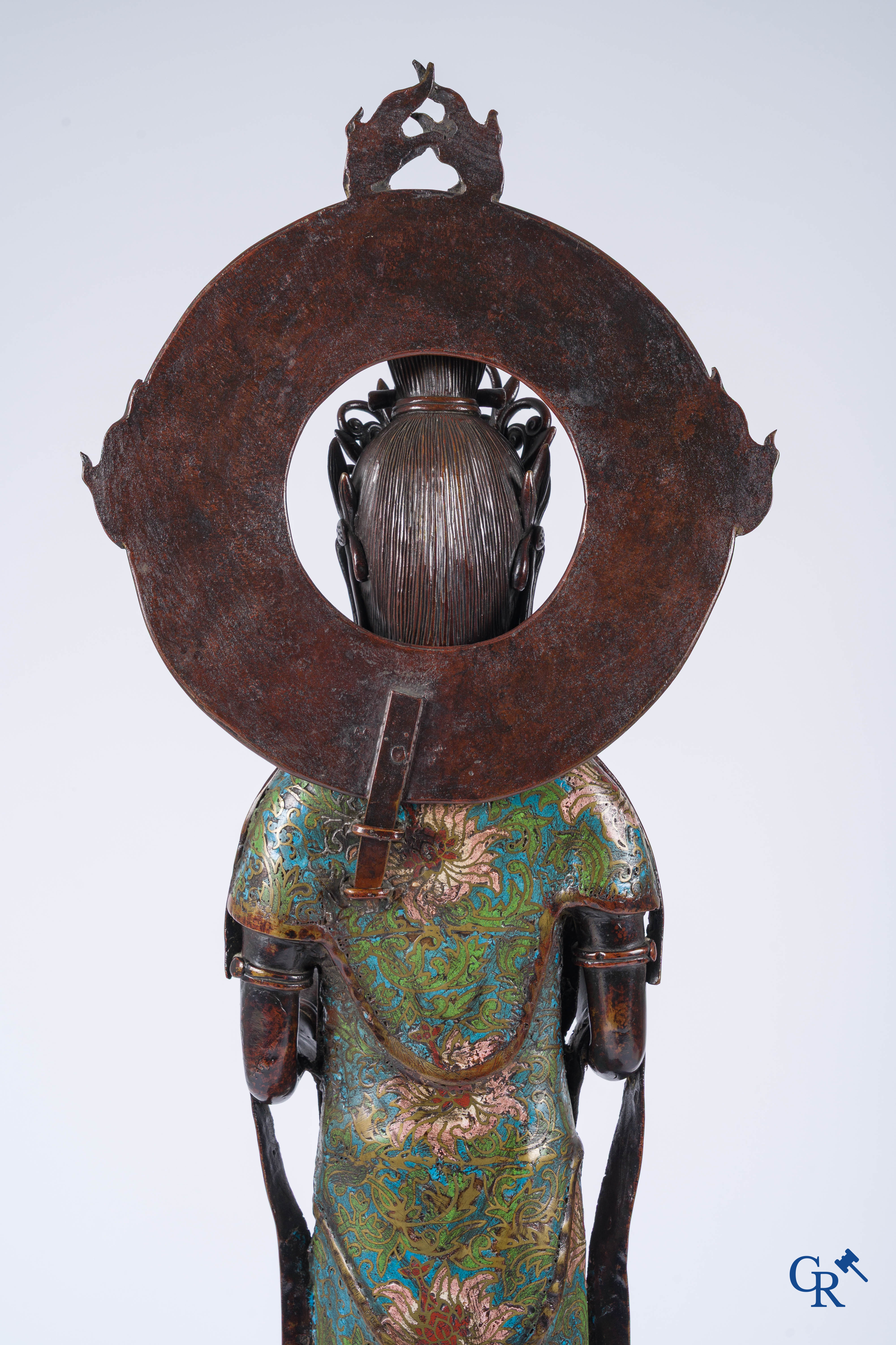 Asian Art, a large Japanese champlevé bronze figure of a standing Guanyin. 19th century.