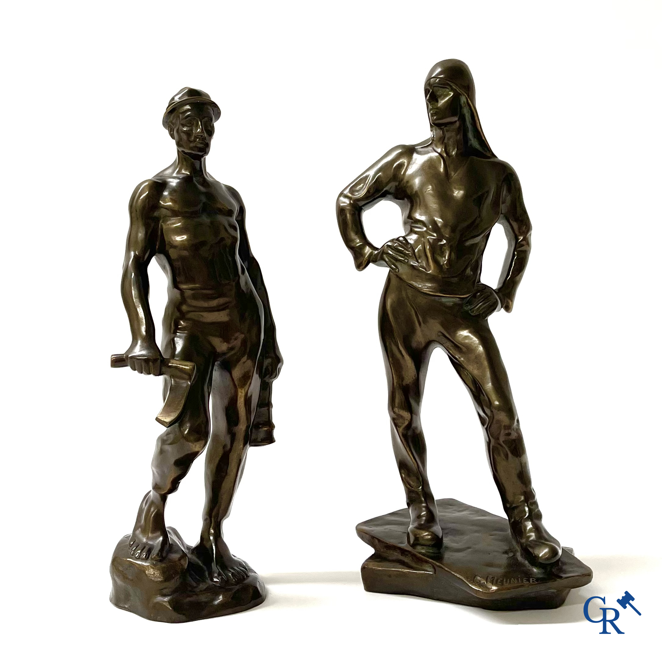 Constantin Emile Meunier (1831-1905) (after) A pair of bronze statues with brown patina, "Le Mineur" and "Le débardeur".