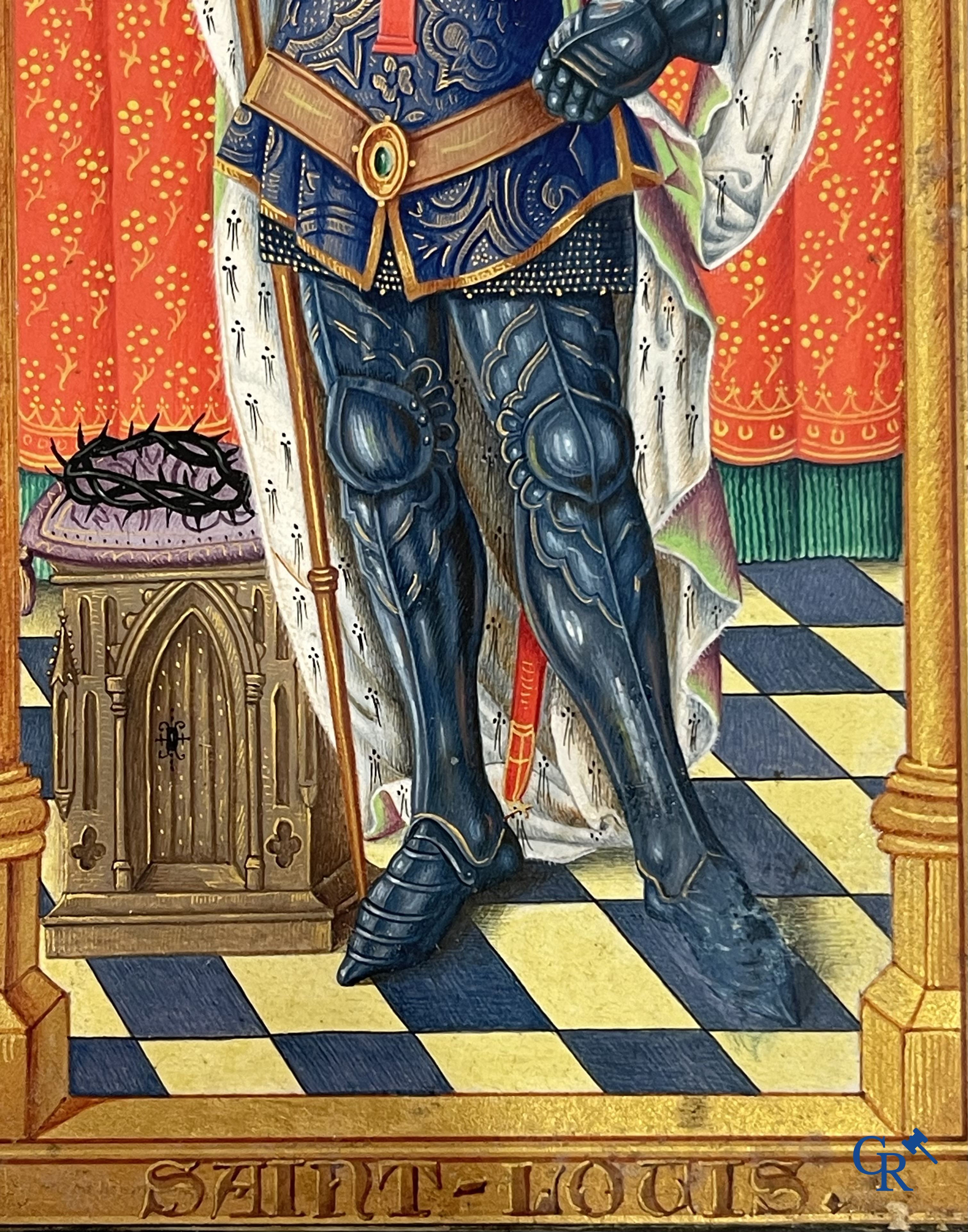 Uitzonderlijk miniatuurschilderij, Madonna en kind met de engelen. In de stijl van de Vlaamse Primitieven. 19e eeuw.