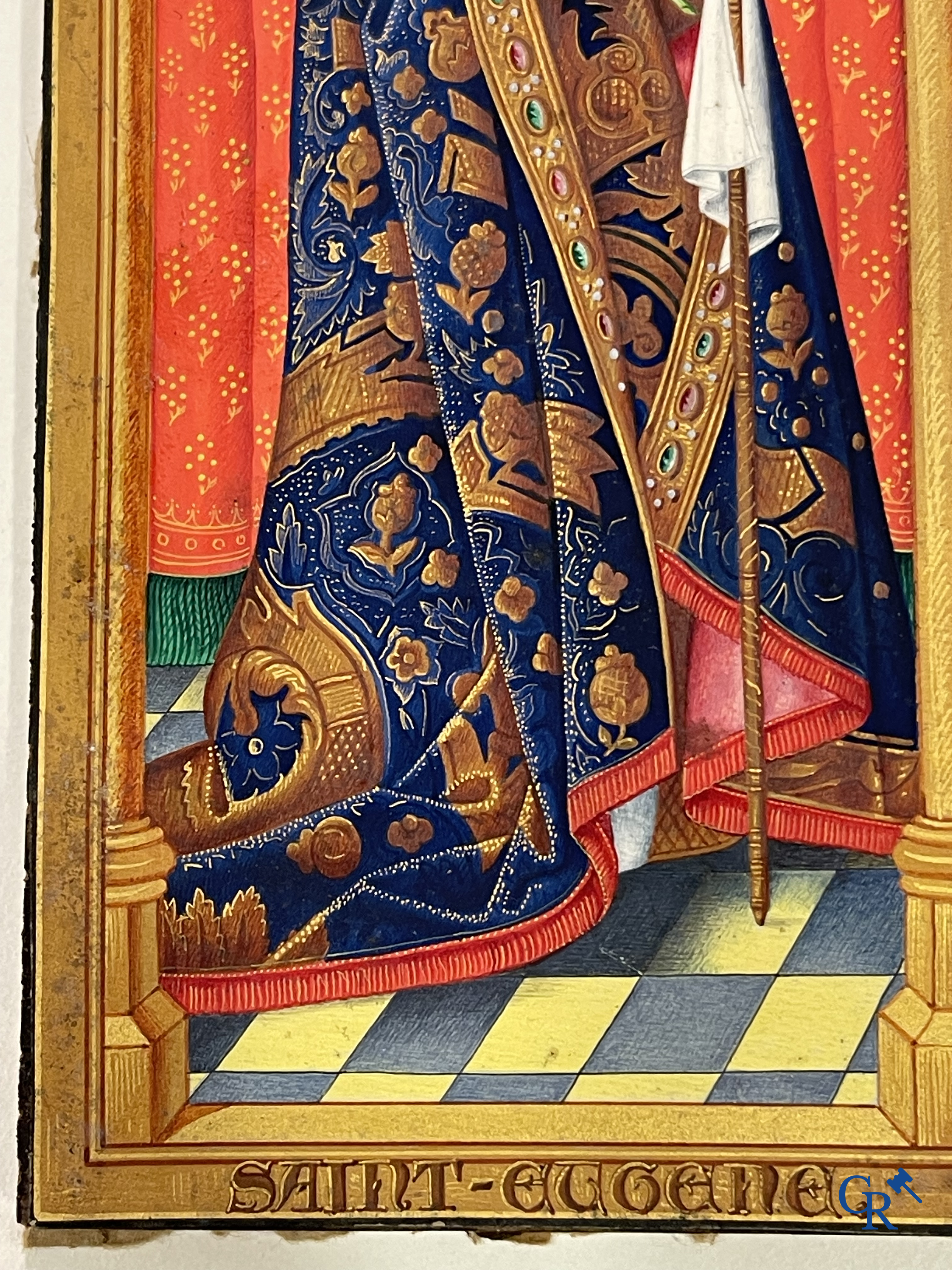 Uitzonderlijk miniatuurschilderij, Madonna en kind met de engelen. In de stijl van de Vlaamse Primitieven. 19e eeuw.