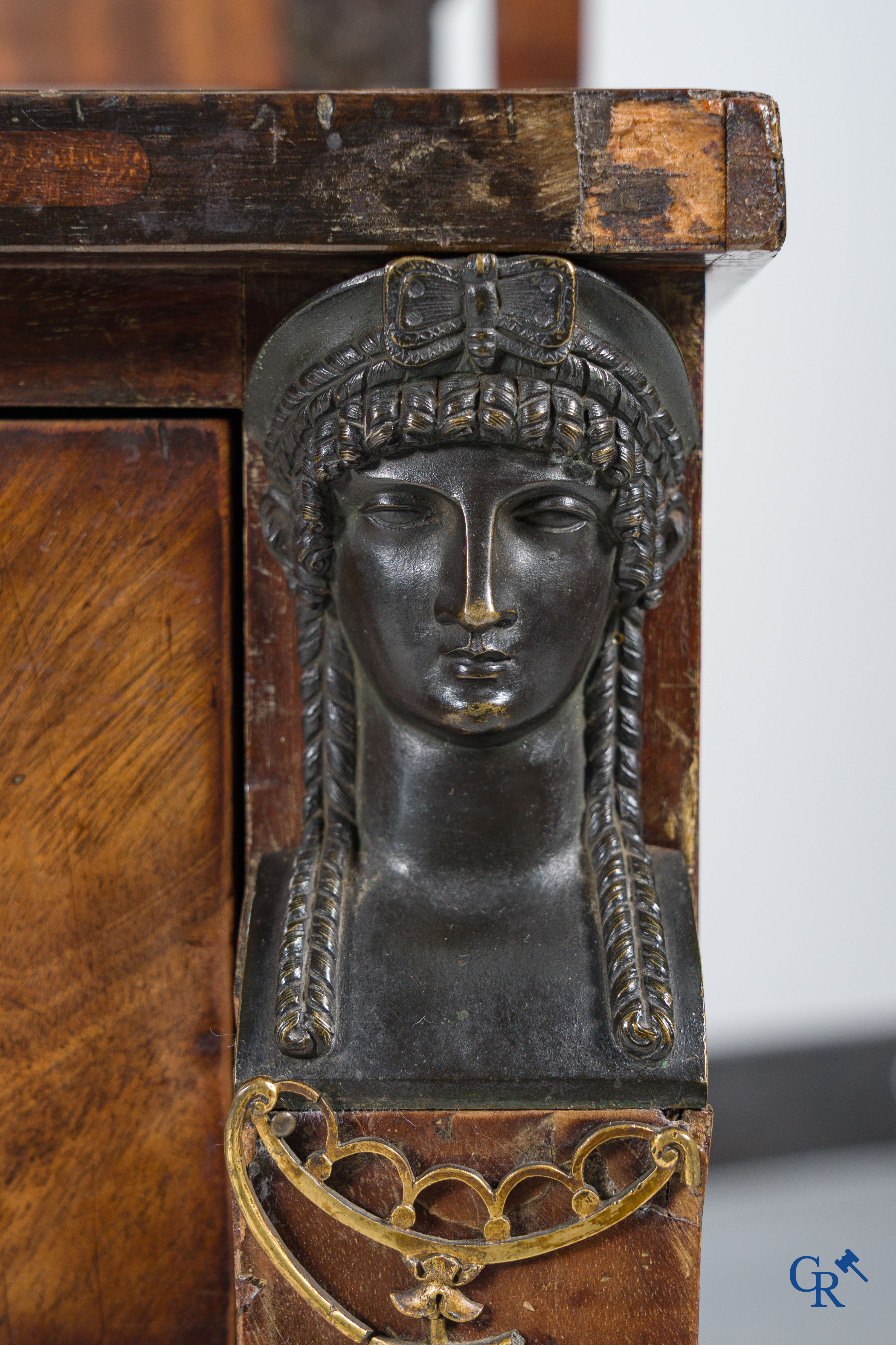 Chapuis, a mahogany wooden men's dressing table and ladies' dressing table with chiseled bronzes. Empire, circa 1810.