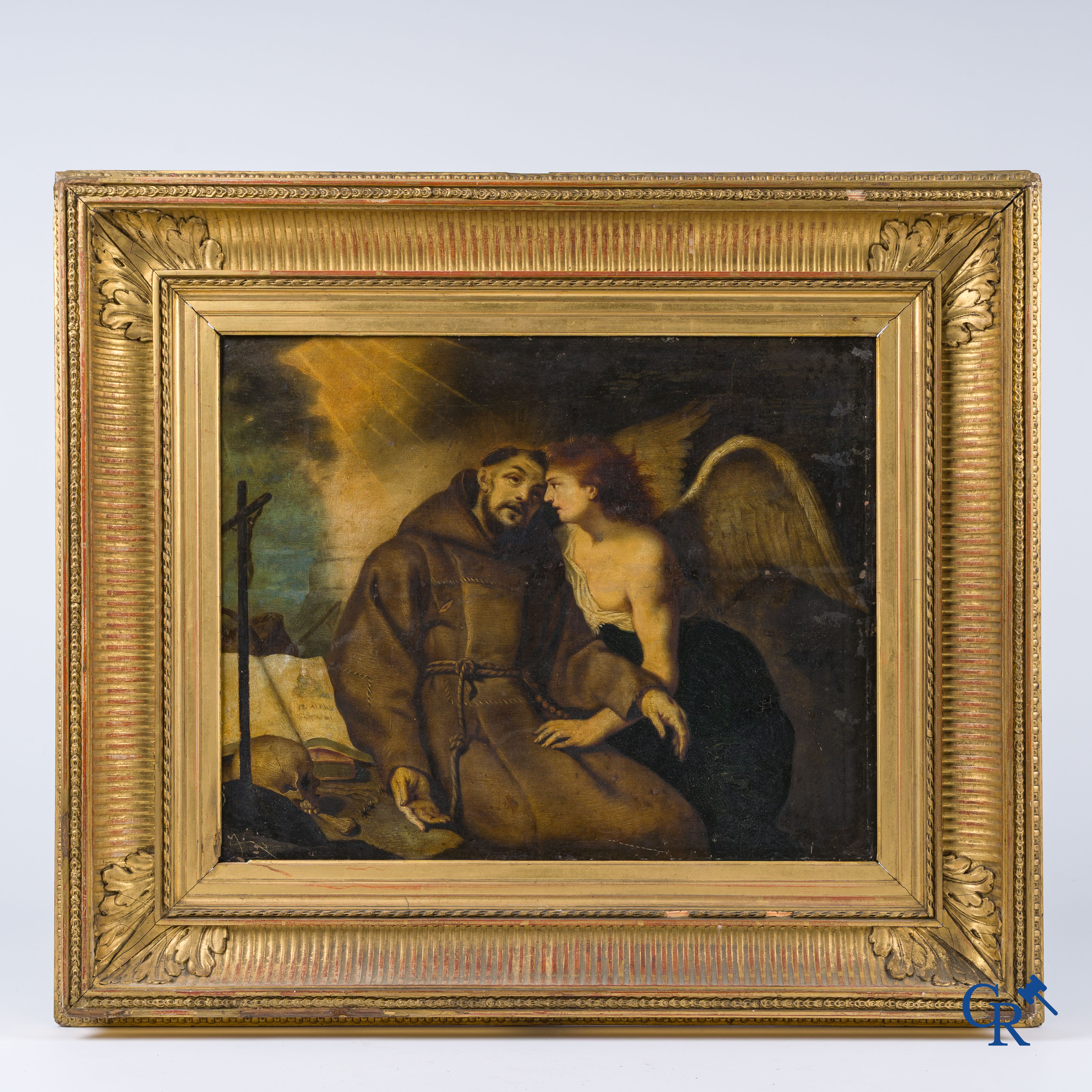 Saint Francis of Assisi, comforted by an angel. Oil on copper. Parquetry. 18th century.