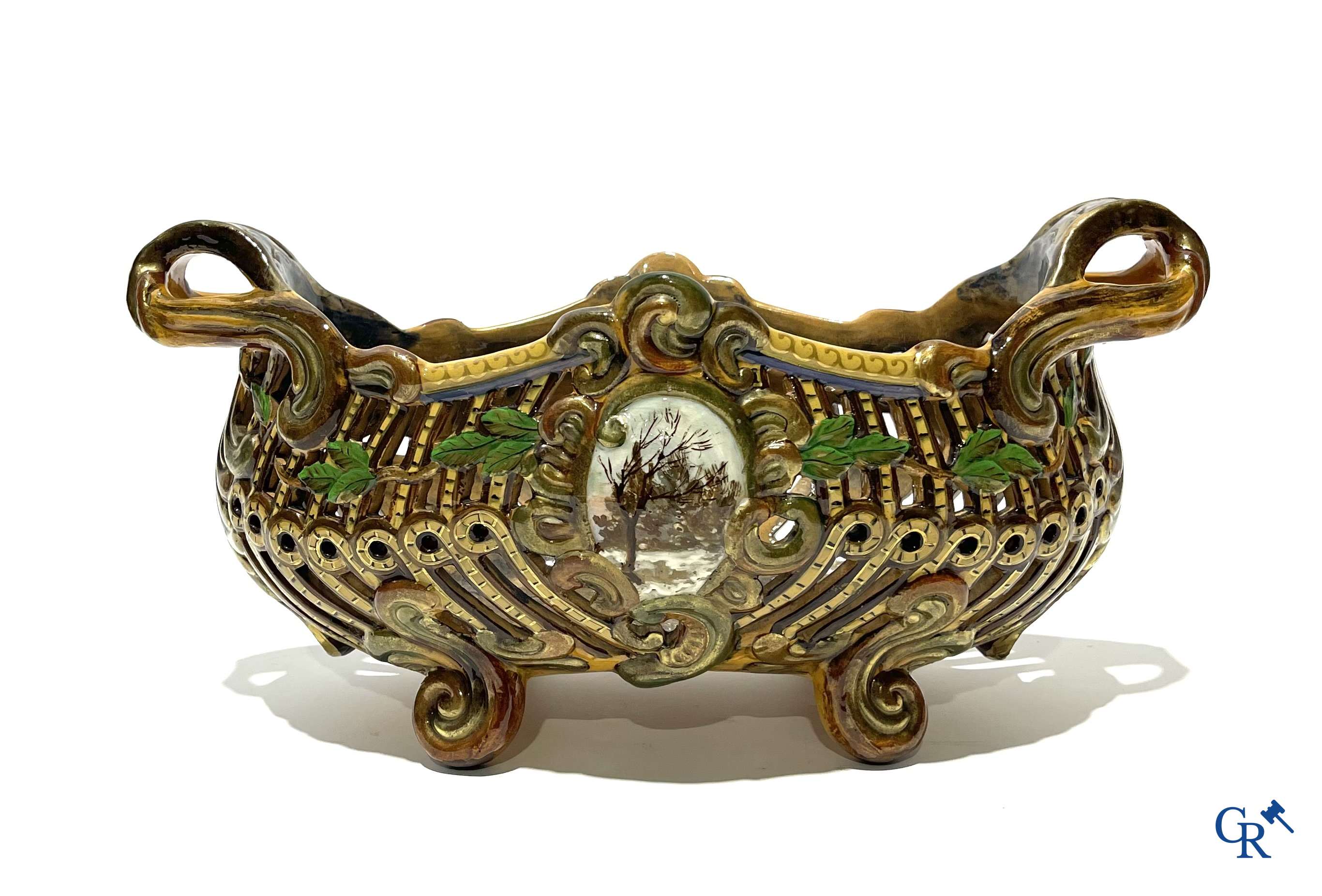 Emile Gallé Nancy, large table centrepiece in enamelled faience. Signed Gallé Nancy deposé.