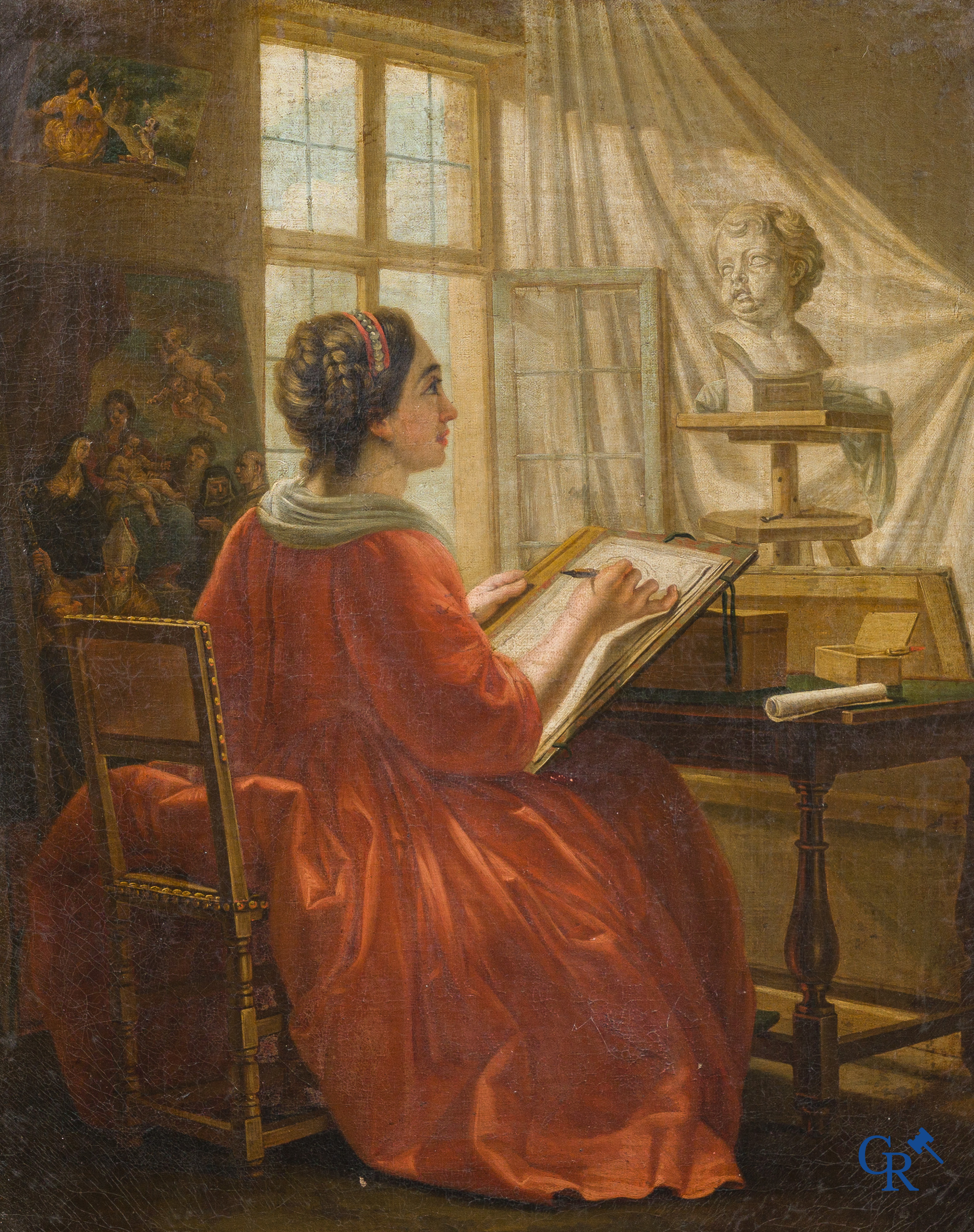 Franse school. "De tekenles". Schilderij, olie op doek. 19e eeuw.