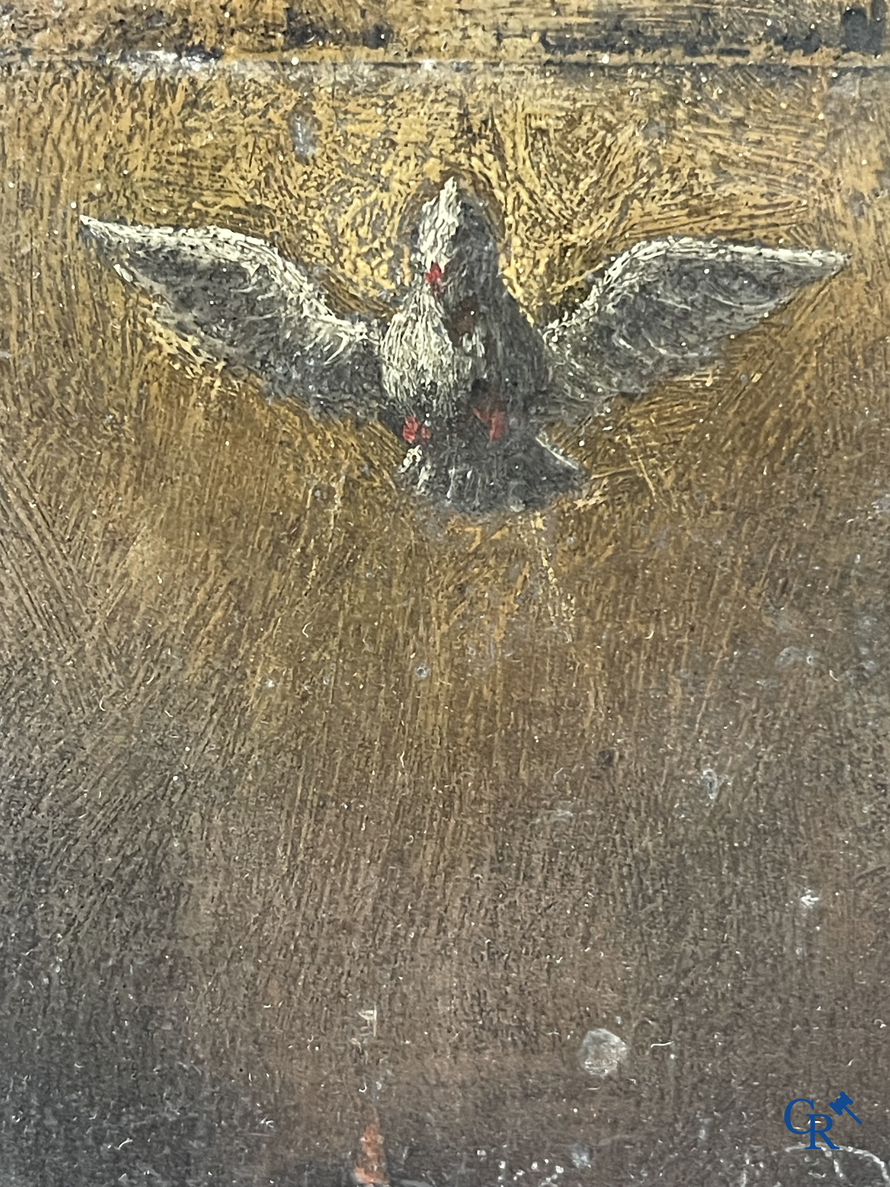 Religious Painting, The Descent of the Holy Spirit. Oil on panel. A lid bowl in silver 900°/00 added.