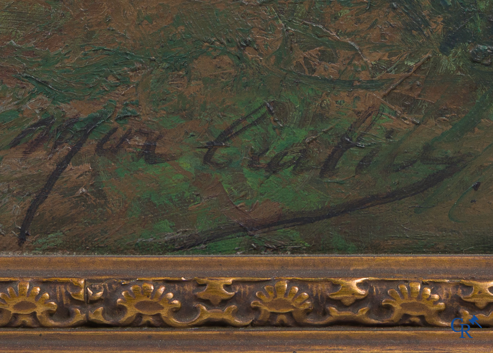 Max Albert Carlier (1872-1938) Groot schilderij met 3 jachthonden in een vergulde kader. Olie op doek.