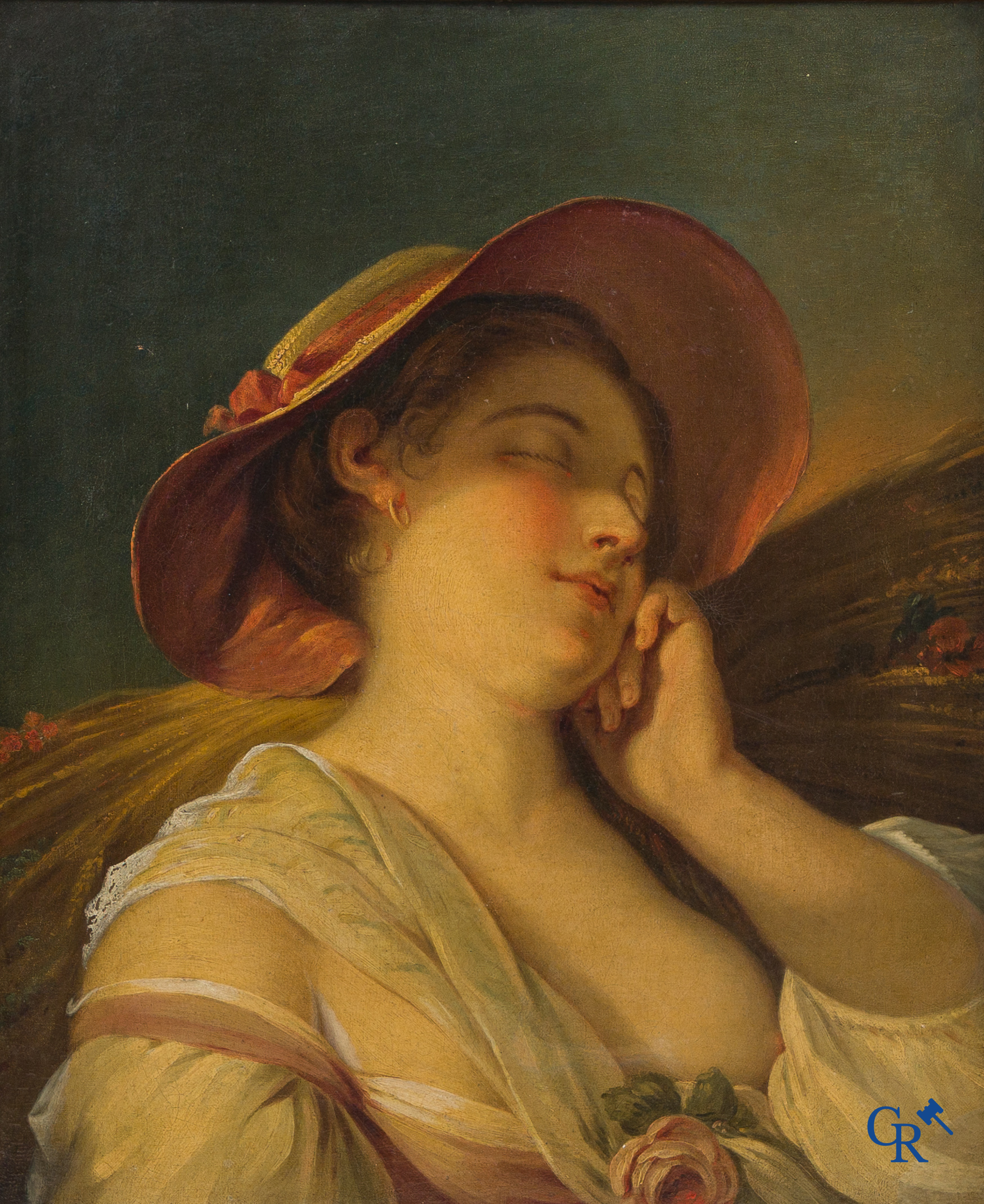 Painting, French school, portrait of a resting lady with hat. Oil on canvas. 19th century.