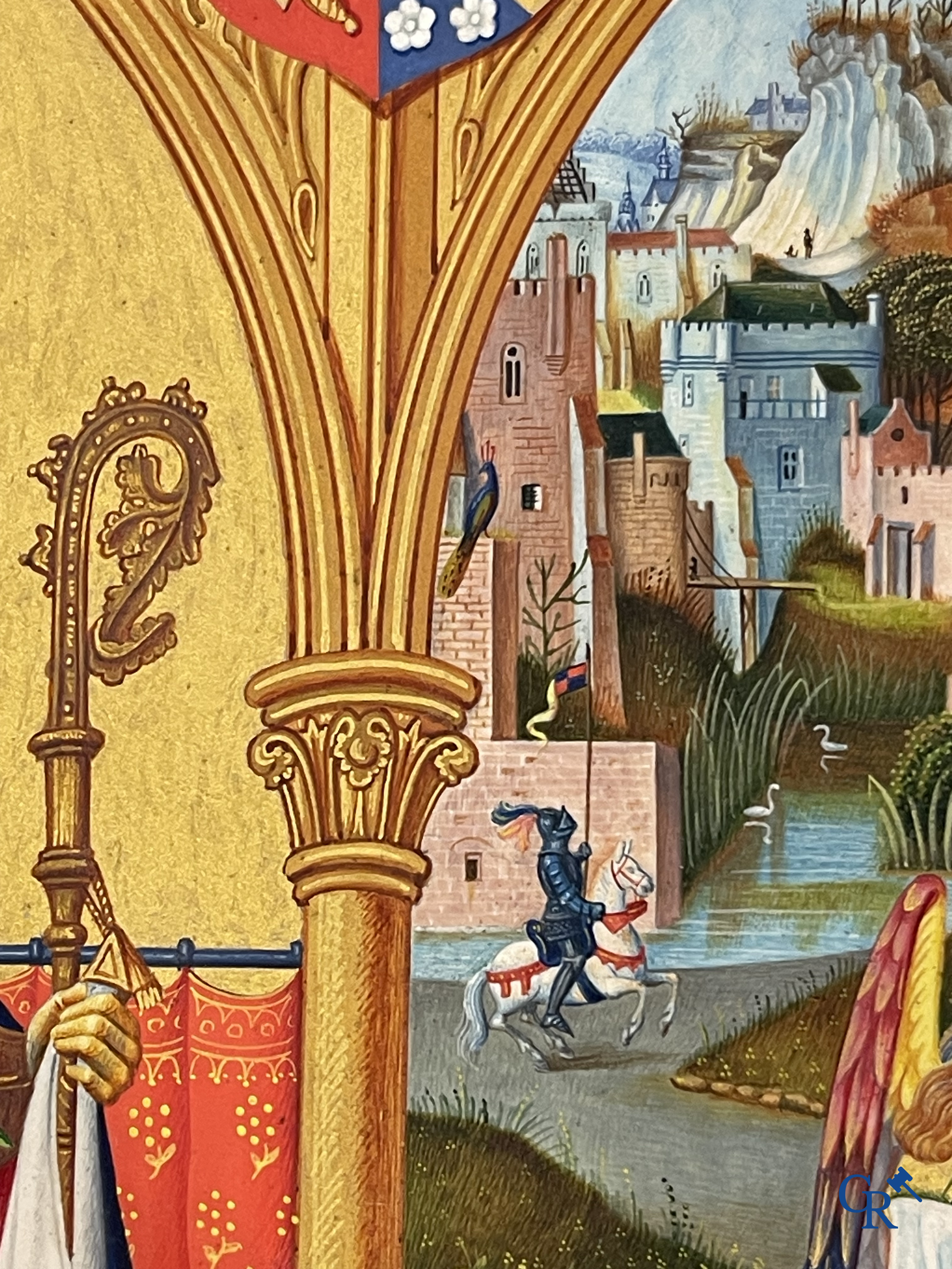 Uitzonderlijk miniatuurschilderij, Madonna en kind met de engelen. In de stijl van de Vlaamse Primitieven. 19e eeuw.