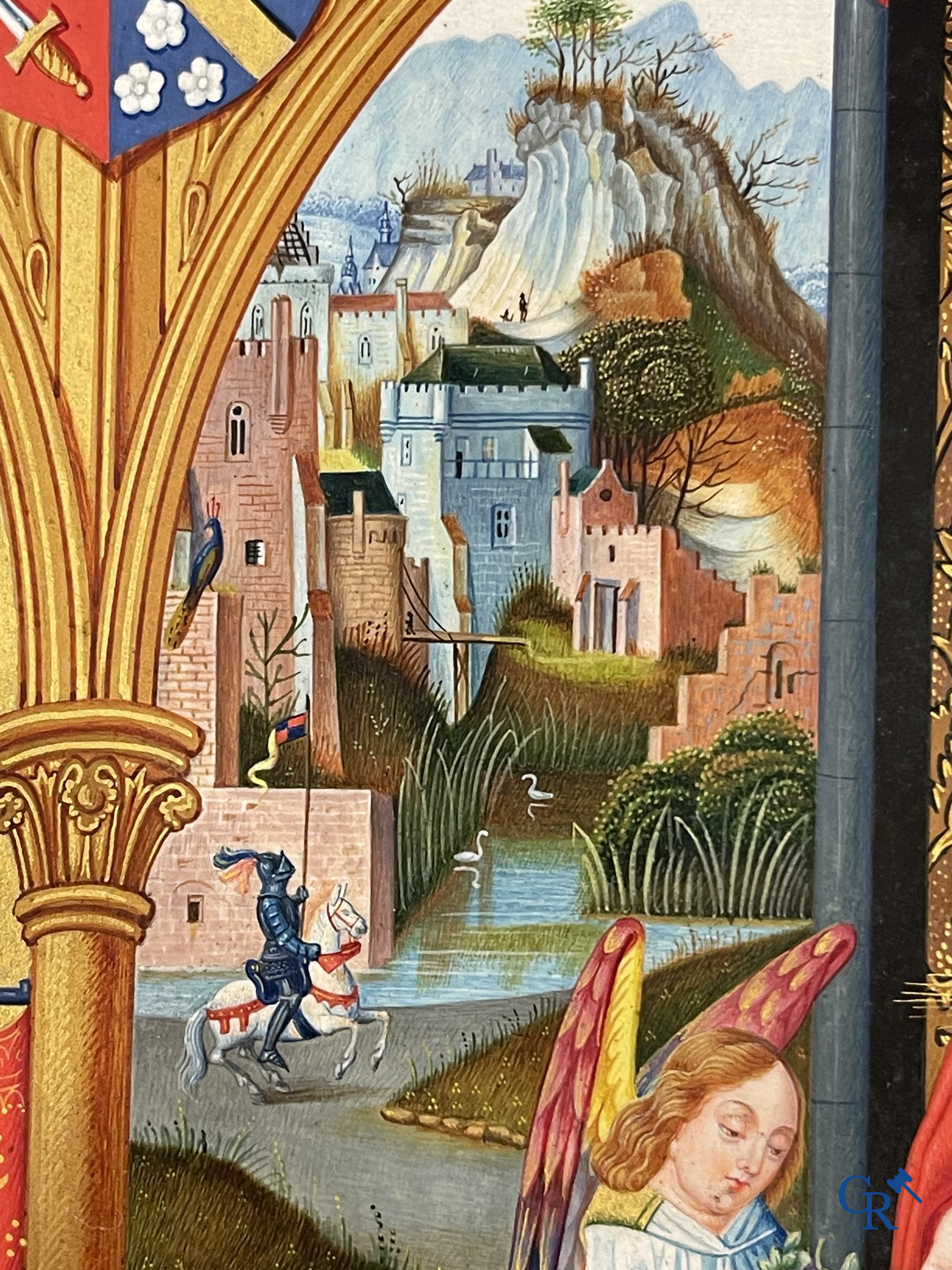 Uitzonderlijk miniatuurschilderij, Madonna en kind met de engelen. In de stijl van de Vlaamse Primitieven. 19e eeuw.