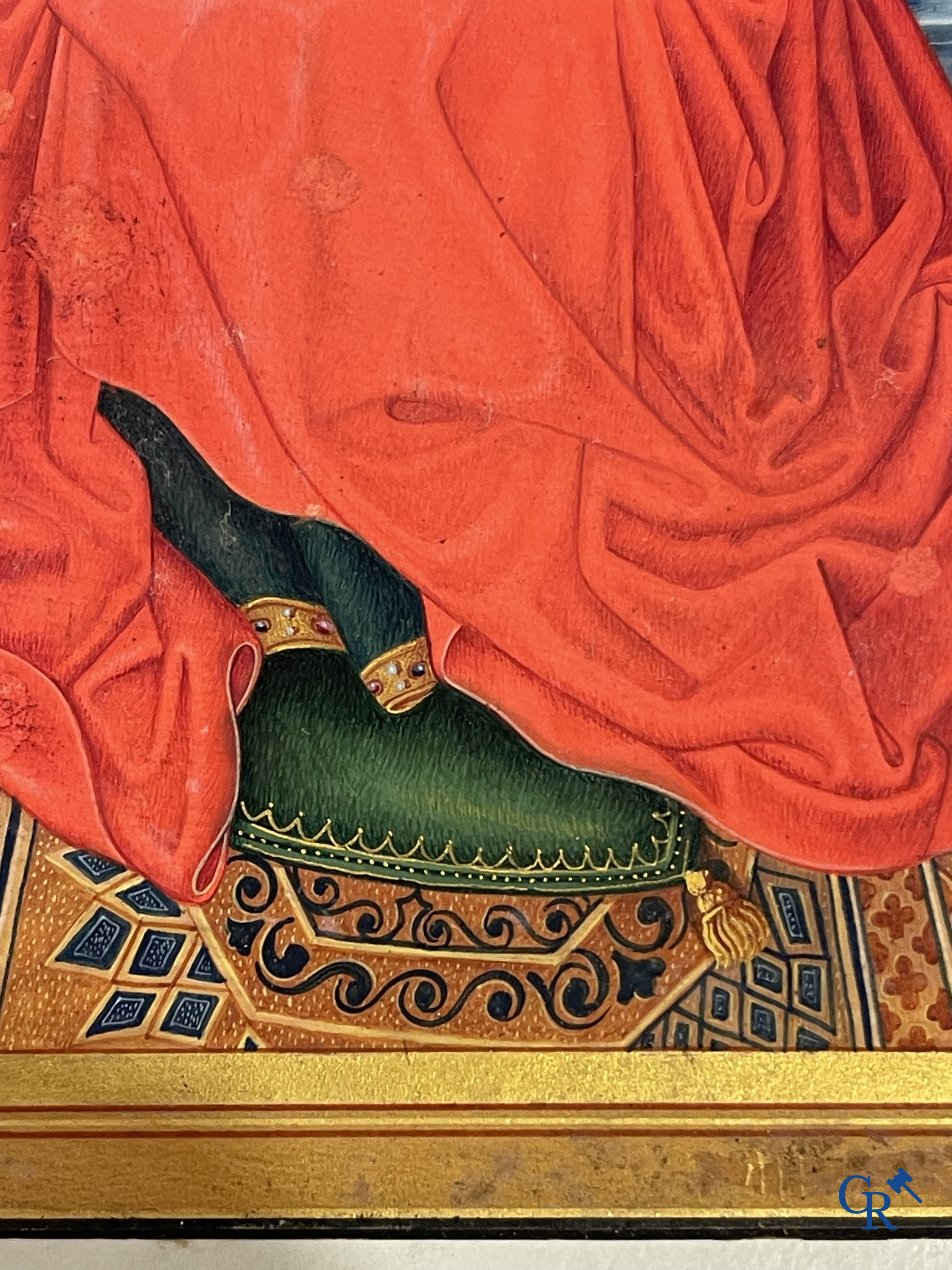 Uitzonderlijk miniatuurschilderij, Madonna en kind met de engelen. In de stijl van de Vlaamse Primitieven. 19e eeuw.