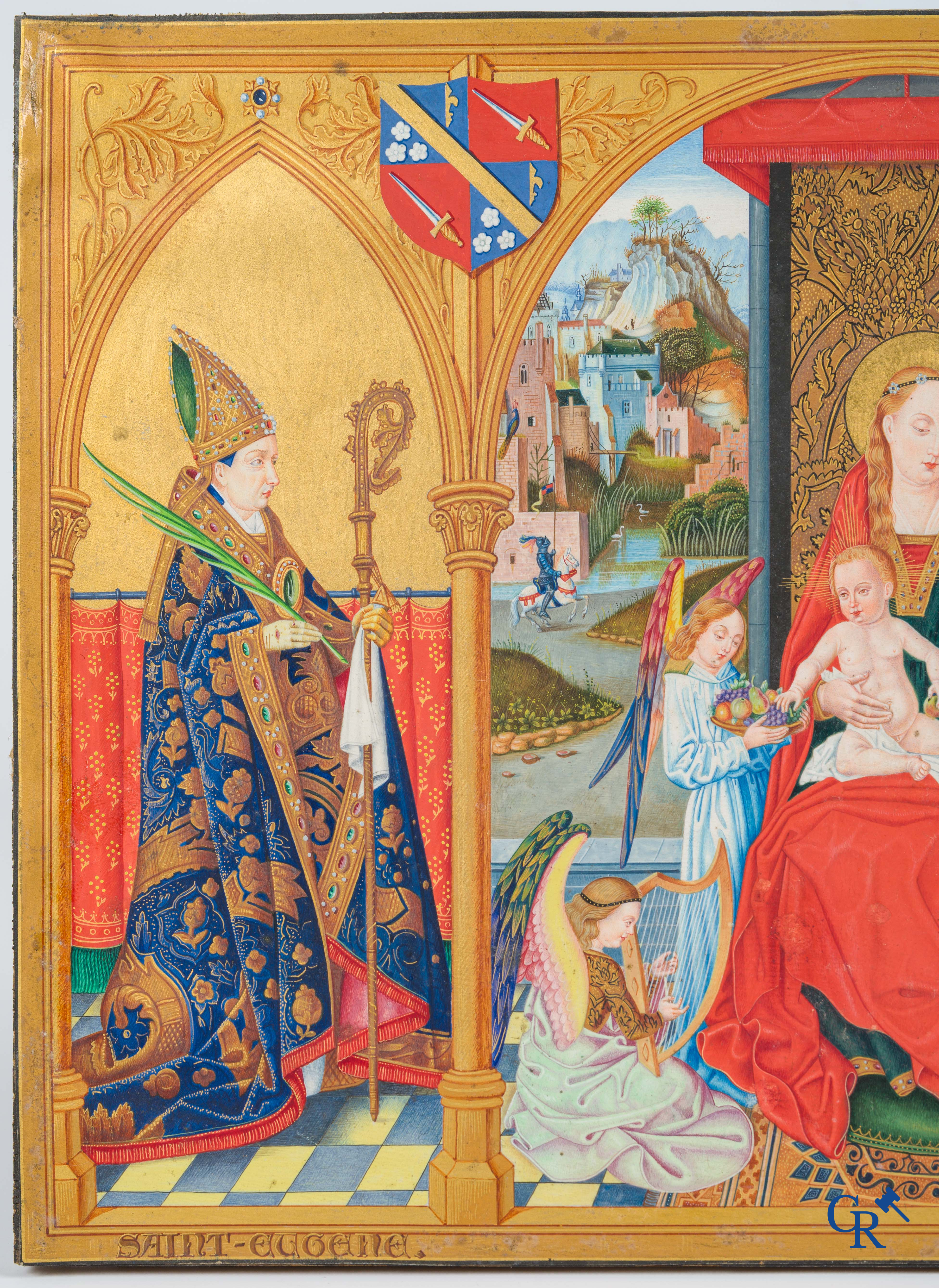 Uitzonderlijk miniatuurschilderij, Madonna en kind met de engelen. In de stijl van de Vlaamse Primitieven. 19e eeuw.