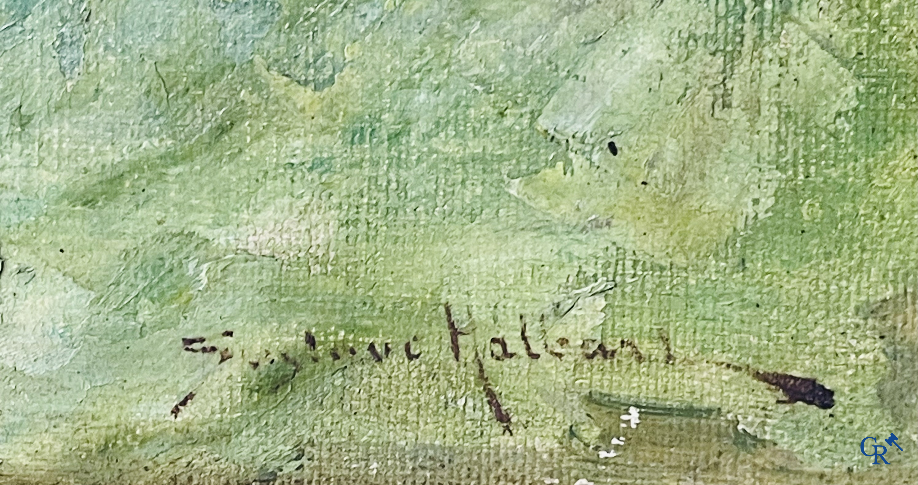 Gustave Halbart (1846-1913) Forest path with characters. Painting, oil on canvas in an imposing frame. Signed lower right.