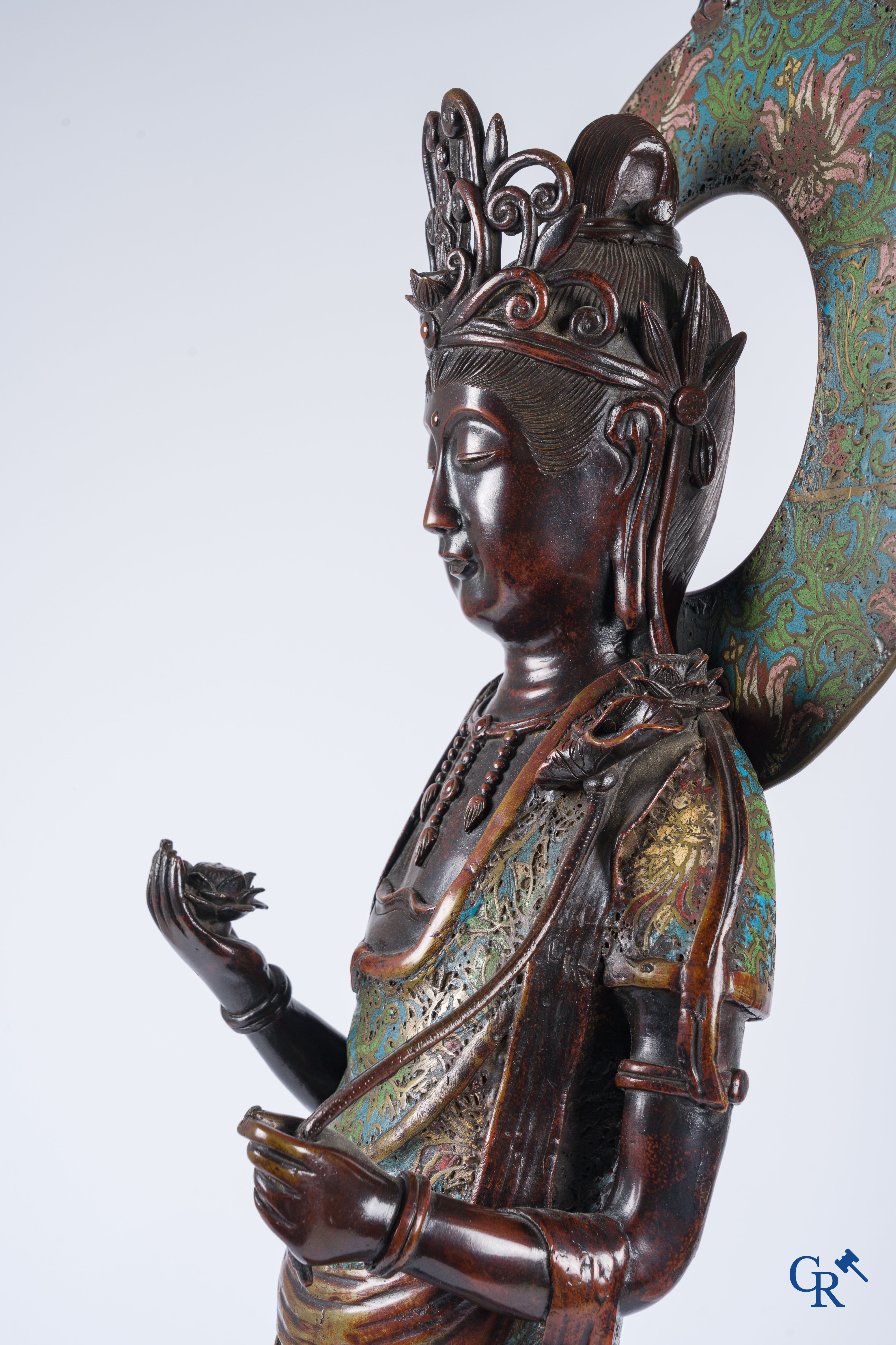 Asian Art, a large Japanese champlevé bronze figure of a standing Guanyin. 19th century.