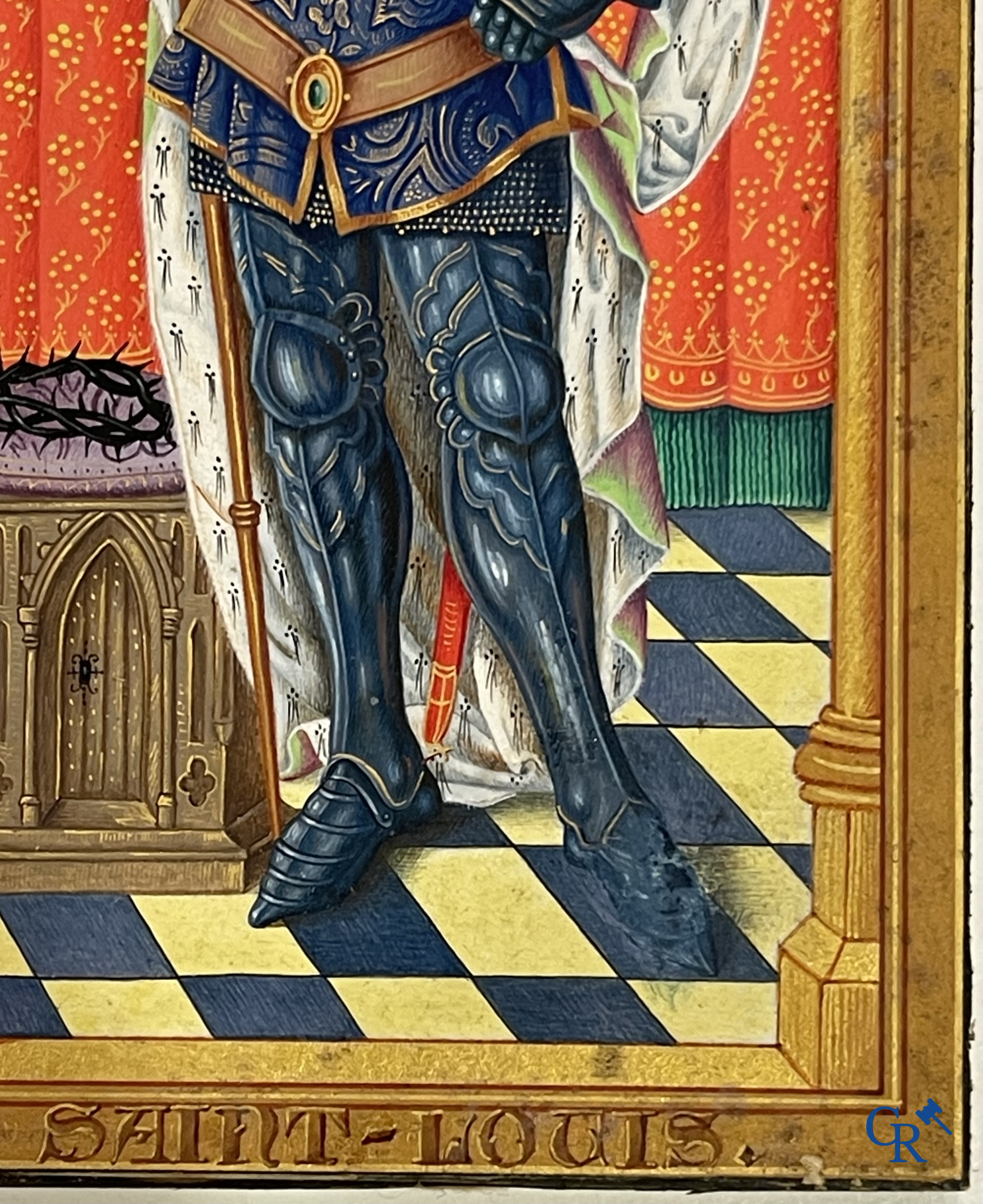 Uitzonderlijk miniatuurschilderij, Madonna en kind met de engelen. In de stijl van de Vlaamse Primitieven. 19e eeuw.